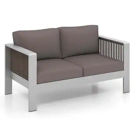 Front. Costway - Patio Aluminum Loveseat Sofa Outdoor Furniture Set with Thick Back & Seat Cushions - Grey.