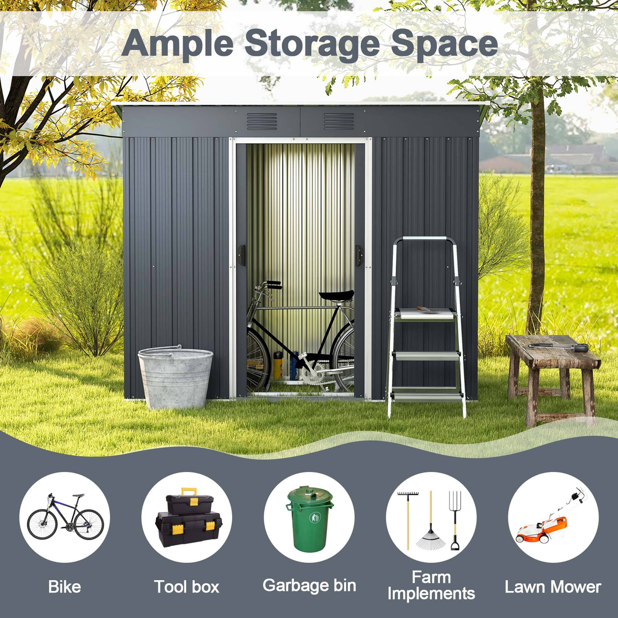 Ample Storage Space: This image showcases a shed with a bike and a tool box inside, indicating that there is plenty of storage space available.

Bike: The image features a bicycle parked next to the shed, suggesting that the shed's storage space can accommodate a bike.

Tool Box: The shed is also equipped with a tool box, which is an essential item for various outdoor activities and maintenance tasks.

Farm: The shed is described as a farm shed, which implies that it is designed to store farm-related items and equipment.

Garbage Bin: The shed is equipped with a garbage bin, which is essential for maintaining cleanliness and organization.

Lawn Mower: The shed is also used to store a lawn mower, indicating that it is a suitable space for storing outdoor tools and equipment.

Implements: The shed is described as having implements, which are typically used for agricultural or gardening purposes.

Overall, the image showcases a shed that offers ample storage space for various items, including bikes, tools, farm equipment, and outdoor tools.