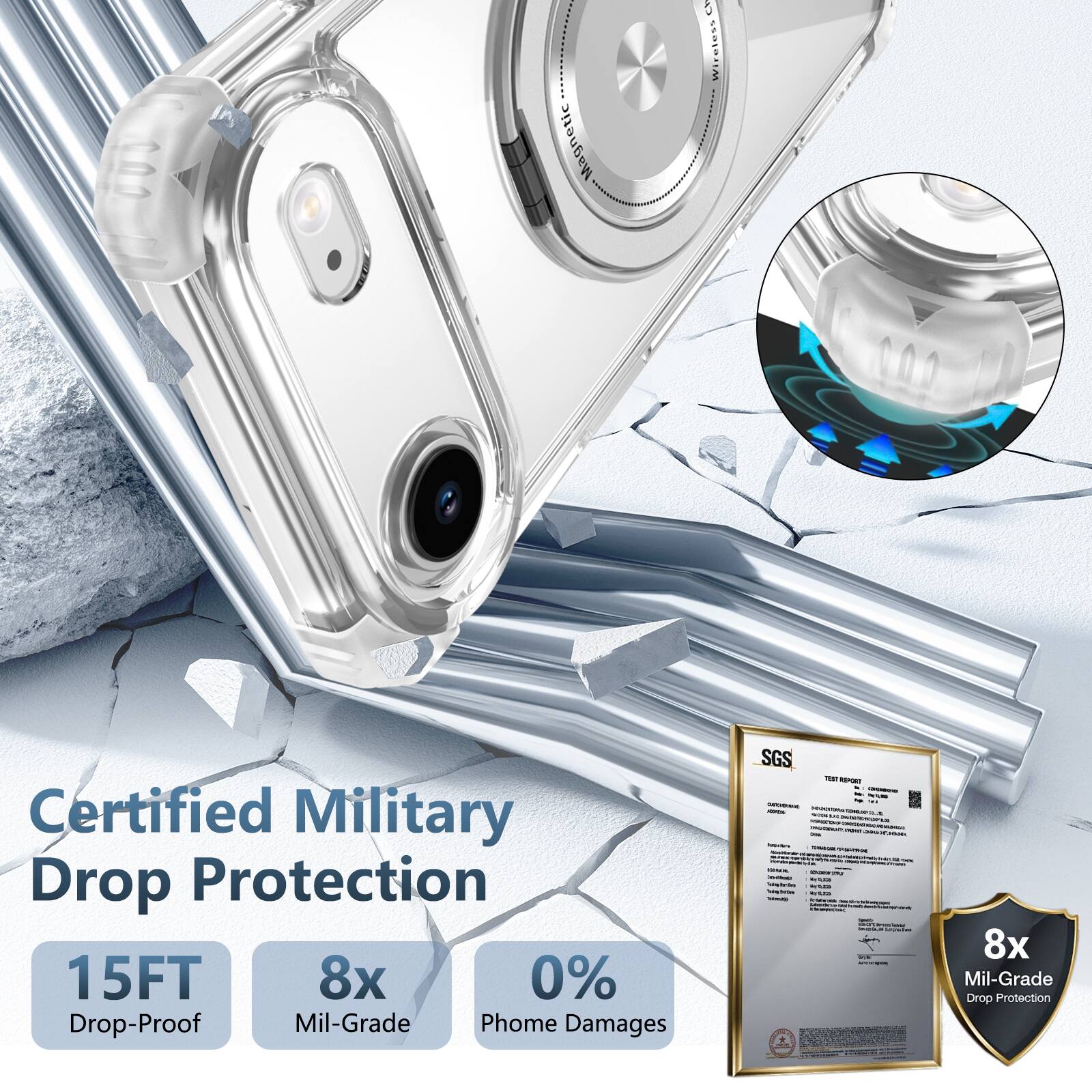 Magnetic 5 Wireless Certified Military Drop Protection 15FT 8x 0% Drop-Proof Mil-Grade Phone Damages SGS FeeT - 8x Mil-Grade Drop Protection