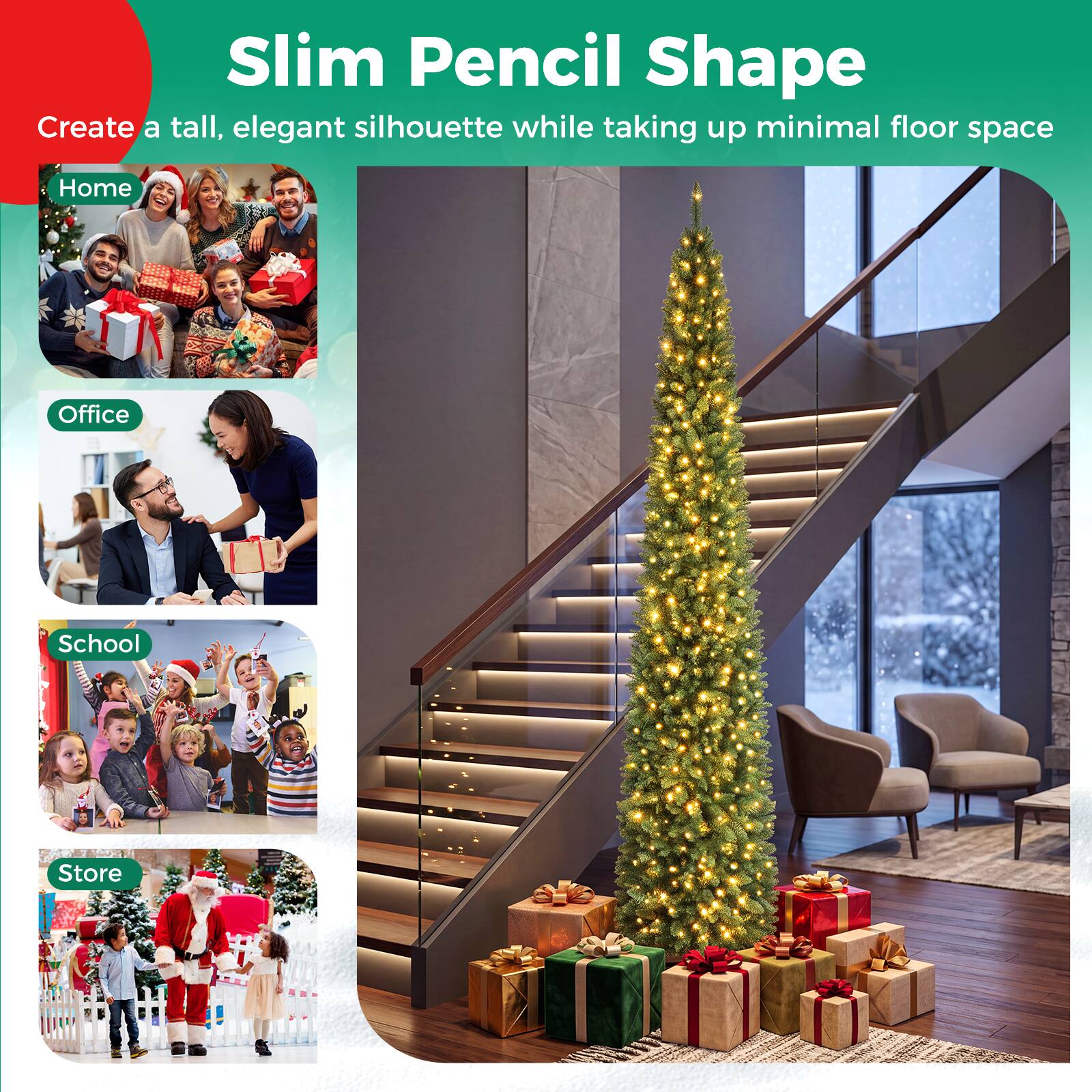 Gymax 8 FT Pre Lit Artificial Christmas Tree Realistic Slim Pencil Xmas ...