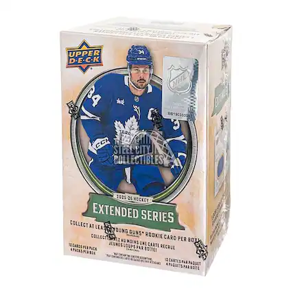 UPPER D-E-C-K
NHL
BB190333083
GPPER 3
TORANT HAPLE
CCM
STEEL CITY COLLECTIBLES
2025-26 HOCKEY EXTENDED SERIES
COLLECT AT LEAST 1 YOUNG GUNS* ROOKIE CARD PER BOX
12 CARDS PER PACK
4 PACKS PER BOX
COLLECT AT LEAST 1 YOUNG GUNS* ROOKIE CARD PER BOX
12 CARTES PAR PAQUET
4 PAQUETS PAR BOITE