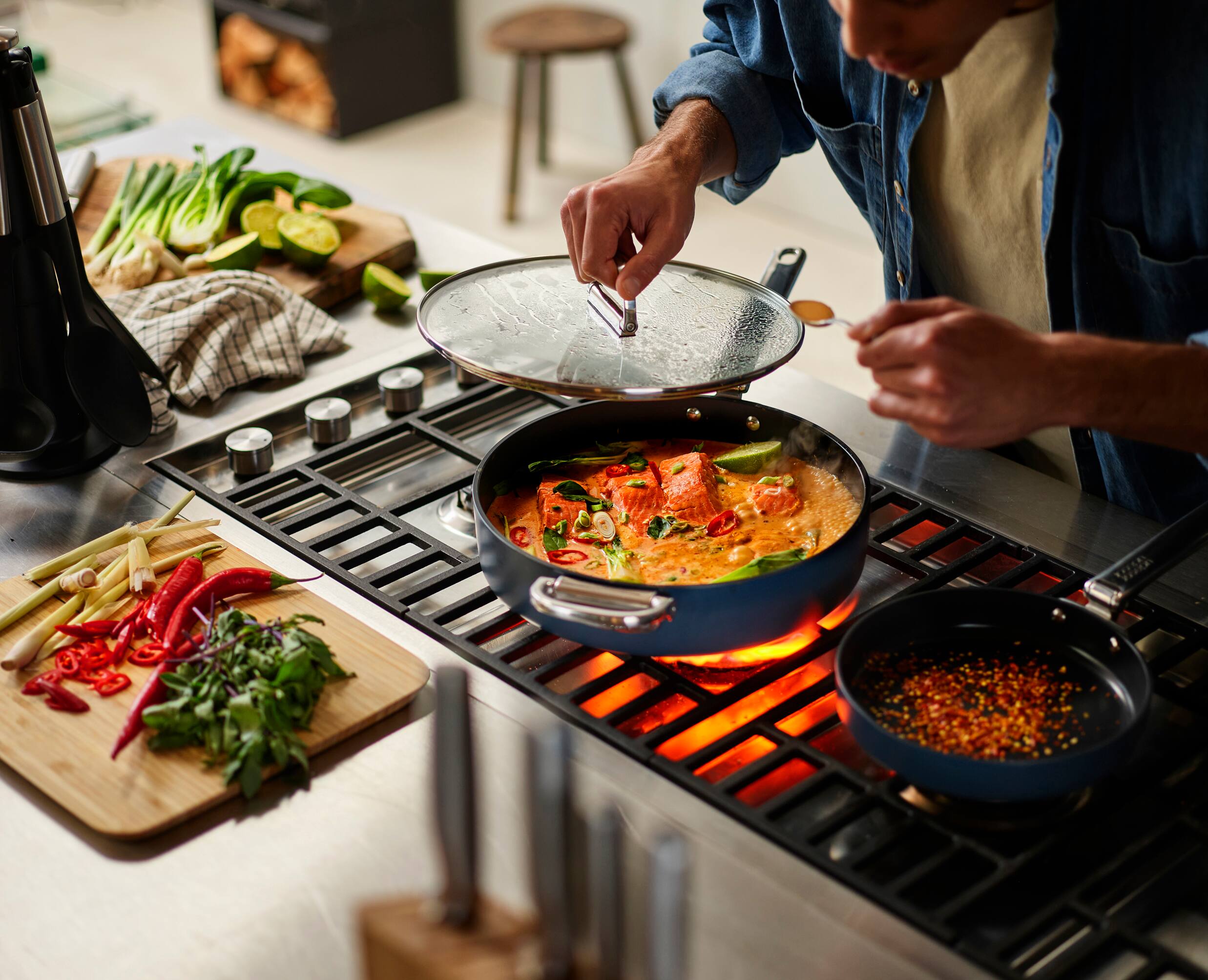 Alt View 3. Joseph Joseph - Space Ceramic Non-stick 3.8 Qt. Sauté Pan with Folding Handle and Lid - Blue.