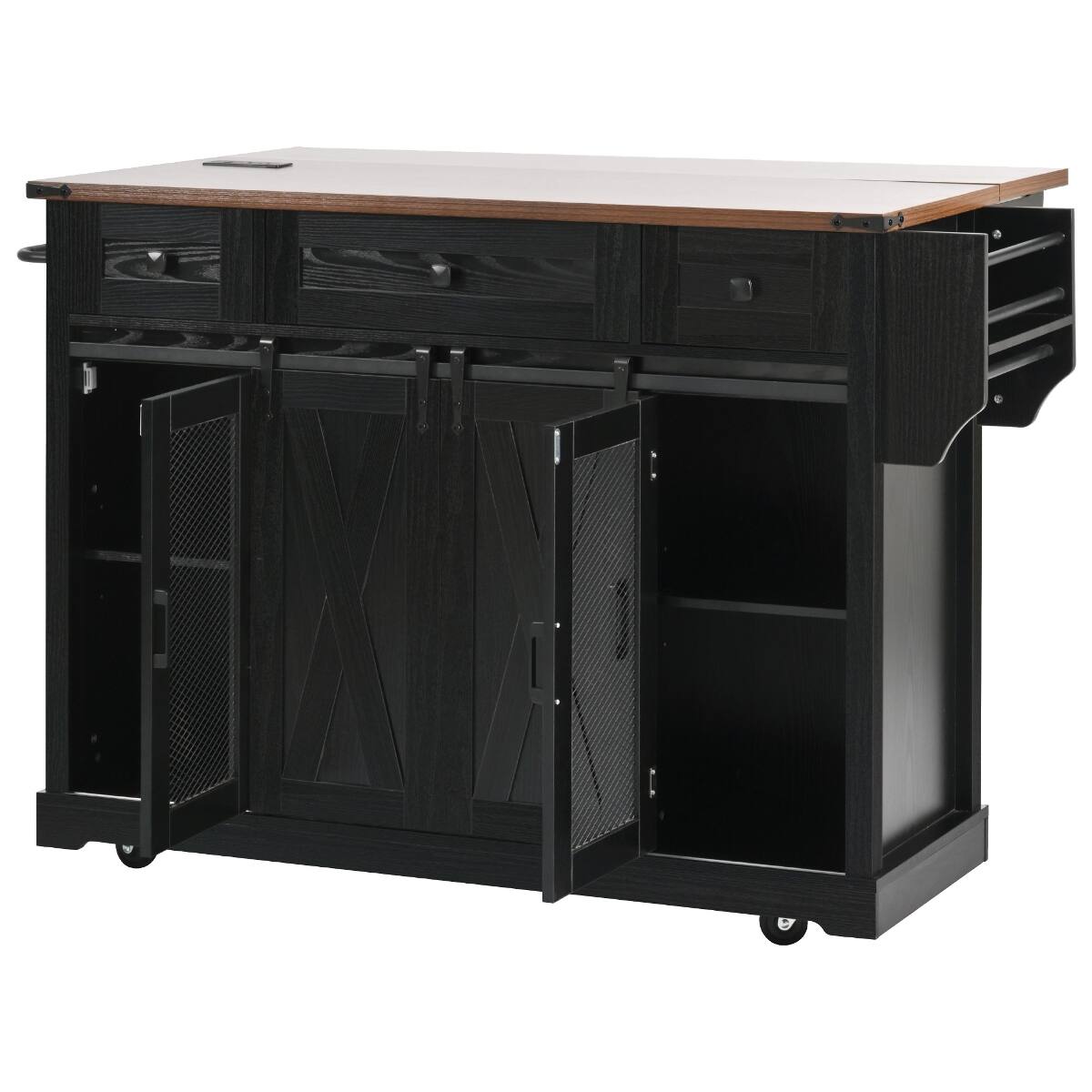 Alt View 3. Loheer - Loheer Farmhouse Kitchen Island with Drop Leaf and Sliding Barn Door, Rolling Kitchen Cart with Power Outlet, Black - Black.
