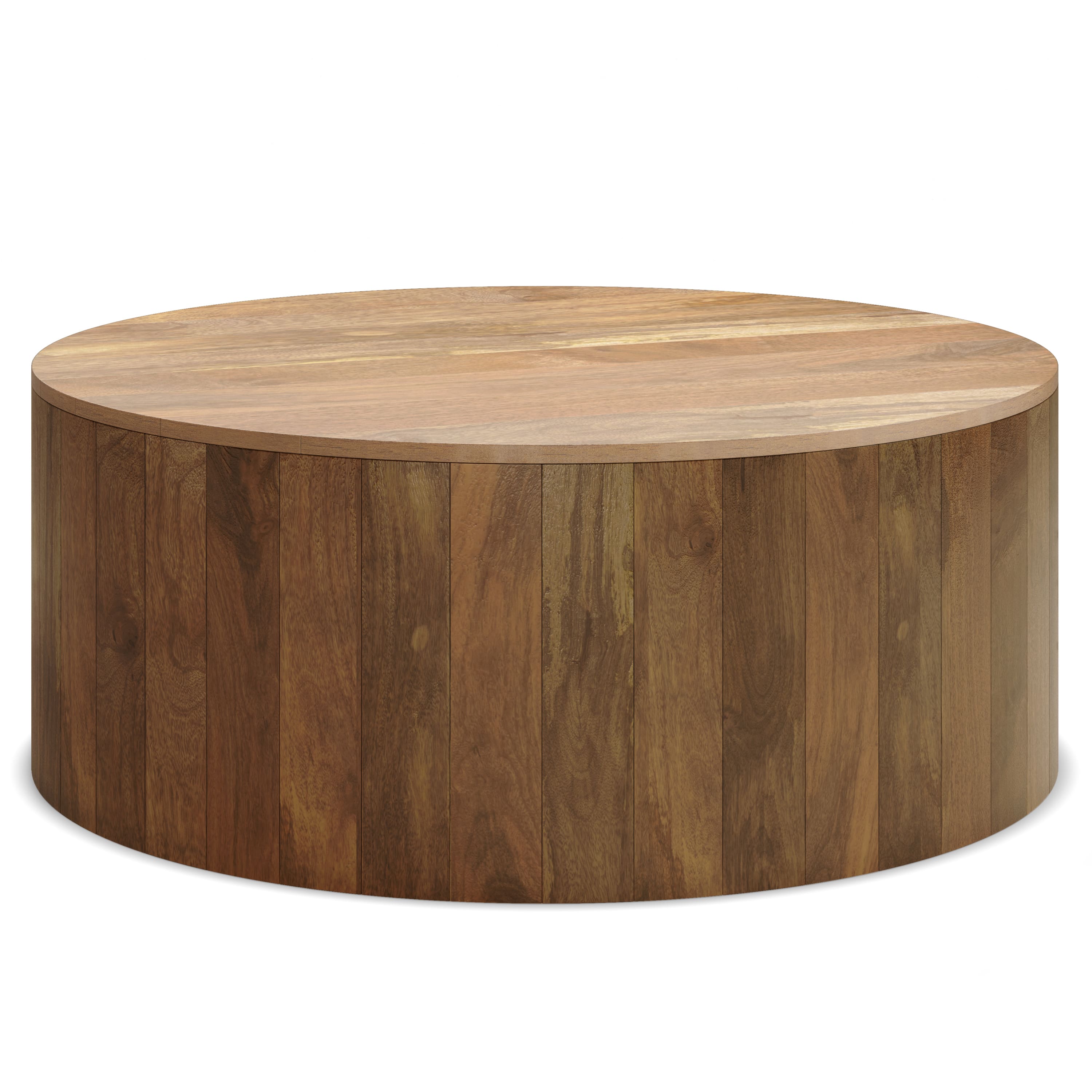 Front. Simpli Home - Millbury solid mango wood 36 inch wide round modern industrial drum coffee table in natural - Natural.