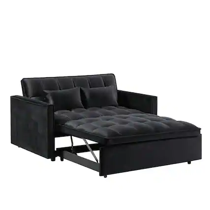 Front. Kadyn - 54 Inch Adjustable Backrest Sofa, Sofa Bed, Futon Sofa with Double Armrest and Pouch for Living Room - Black.