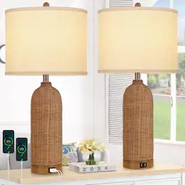 Nordic Hygge - Set of 2 Rattan Table Lamps with 2 USB Ports, 29'' Tall Farmhouse Lamp for Living Room, Bedroom, Office - Neutral