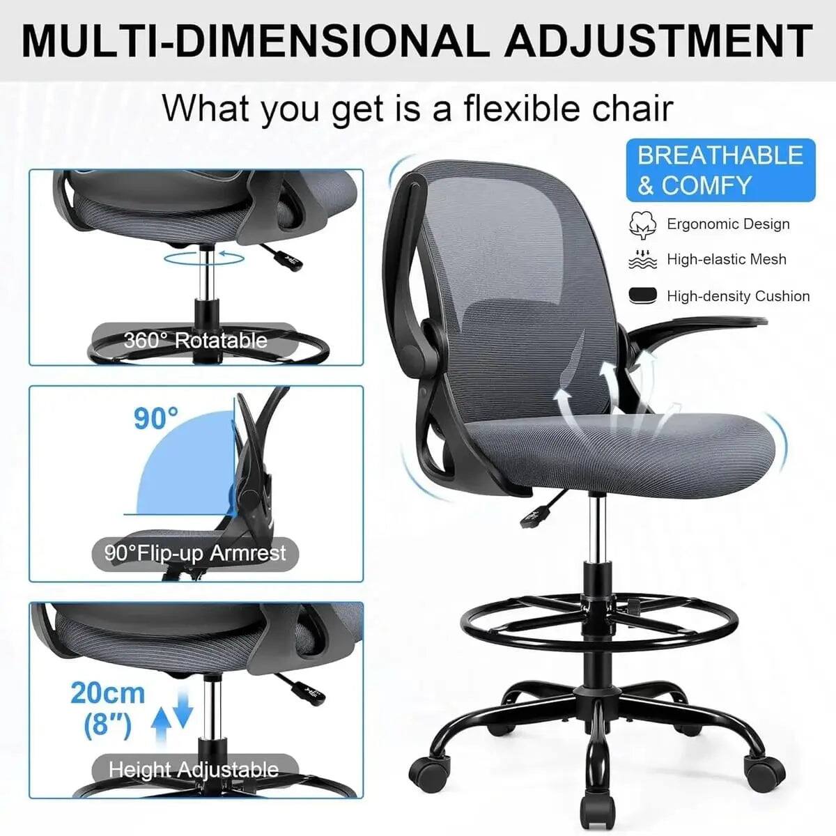 MULTI-DIMENSIONAL ADJUSTMENT  
What you get is a flexible chair  
BREATHABLE & COMFY  
Ergonomic Design  
High-elastic Mesh  
High-density Cushion  
360° Rotatable  
90° Flip-up Armrest  
20cm (8") Height Adjustable