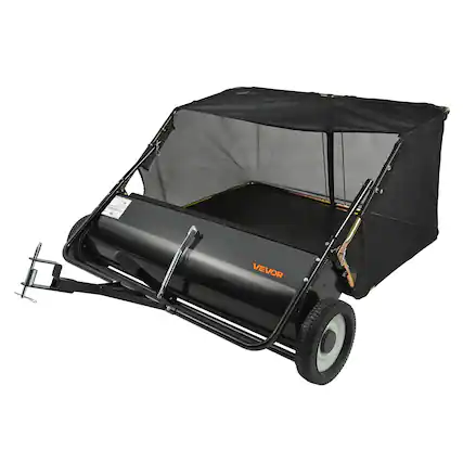 Front. VEVOR - Tow Behind Lawn Sweeper, 50 in Pull Behind Lawn Sweeper, 26 cu.ft Large Capacity Leaf&Grass Collector,Heavy Duty Sweeper - Black.