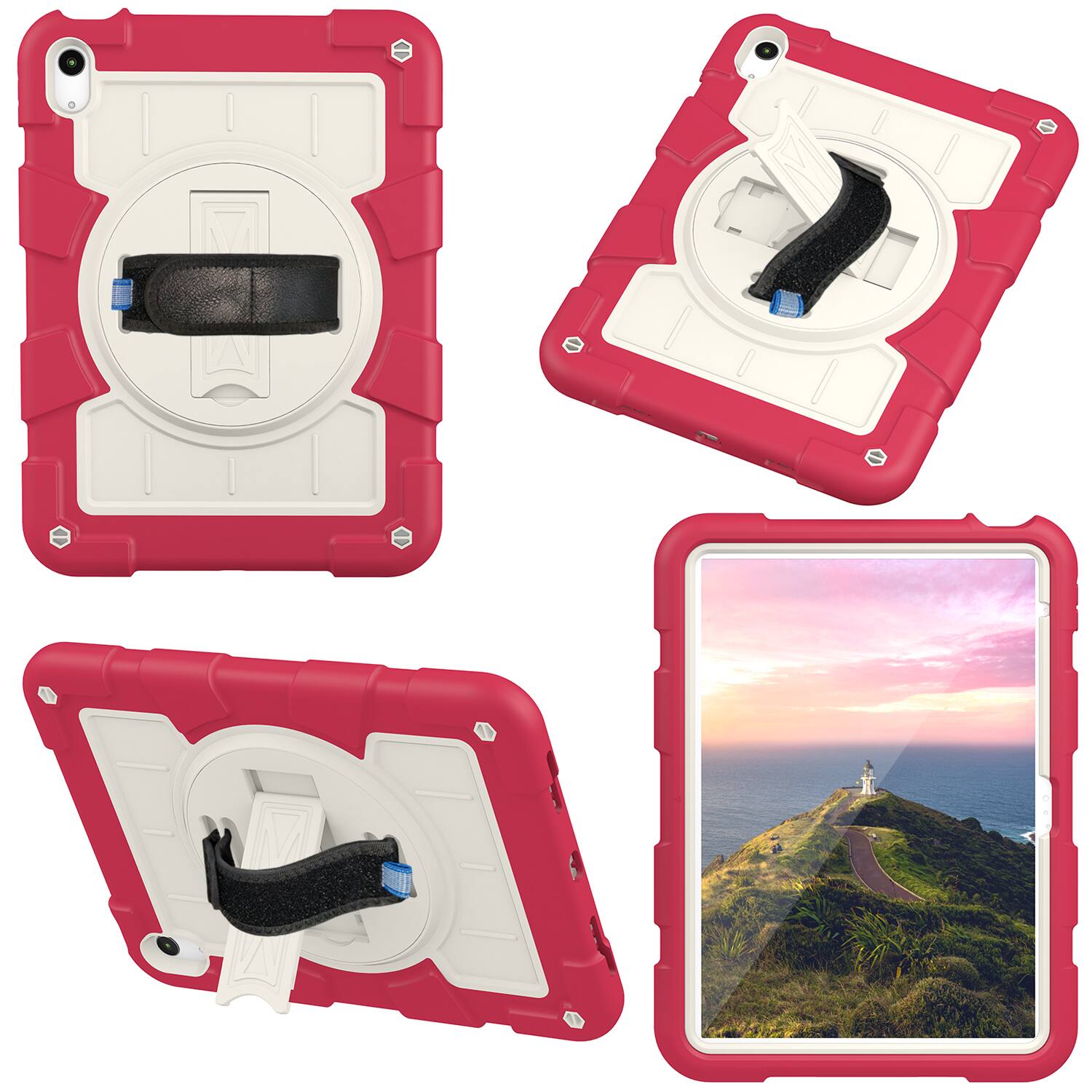 Left. Dteck - Heavy Duty Rugged Case for Apple iPad (A16) 11" 2025 & iPad 10.9" (10th Gen 2022),With Built-in Kickstand+Shoulder Strap - Red.