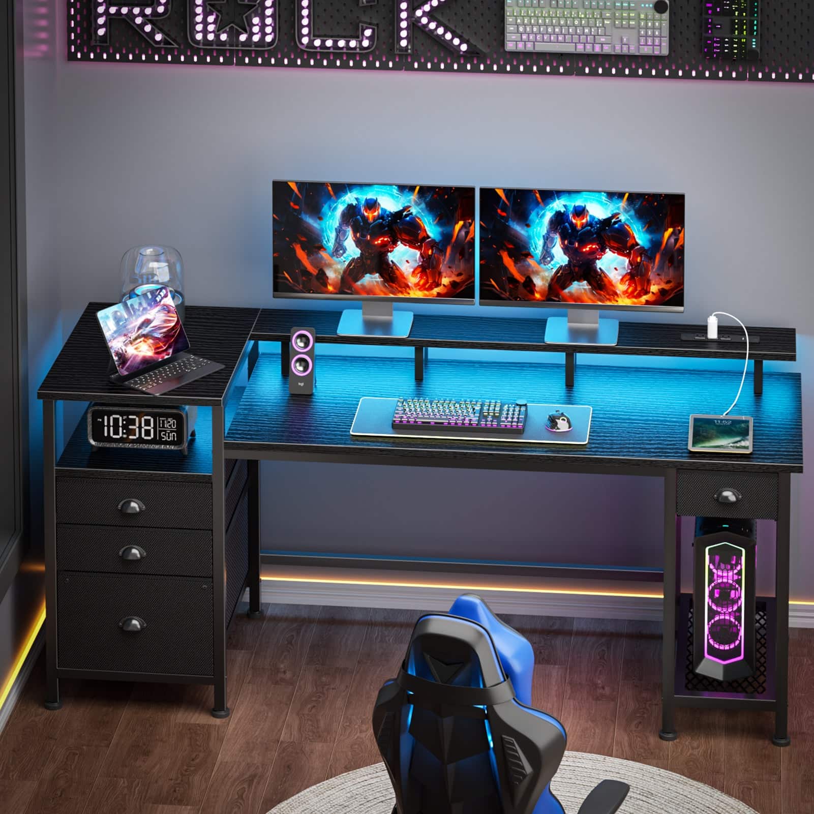 Furnulem - Gaming Desk with LED Lights Power Outlets Monitor Stand Home Office Desk with 3 Fabric Drawers 1 File Cabinet - Black