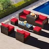 Front. Gymax - Gymax 8PCS Patio Rattan PE Wicker Conversation Set All-Weather Furniture Set w/ Cushions Red - Red.