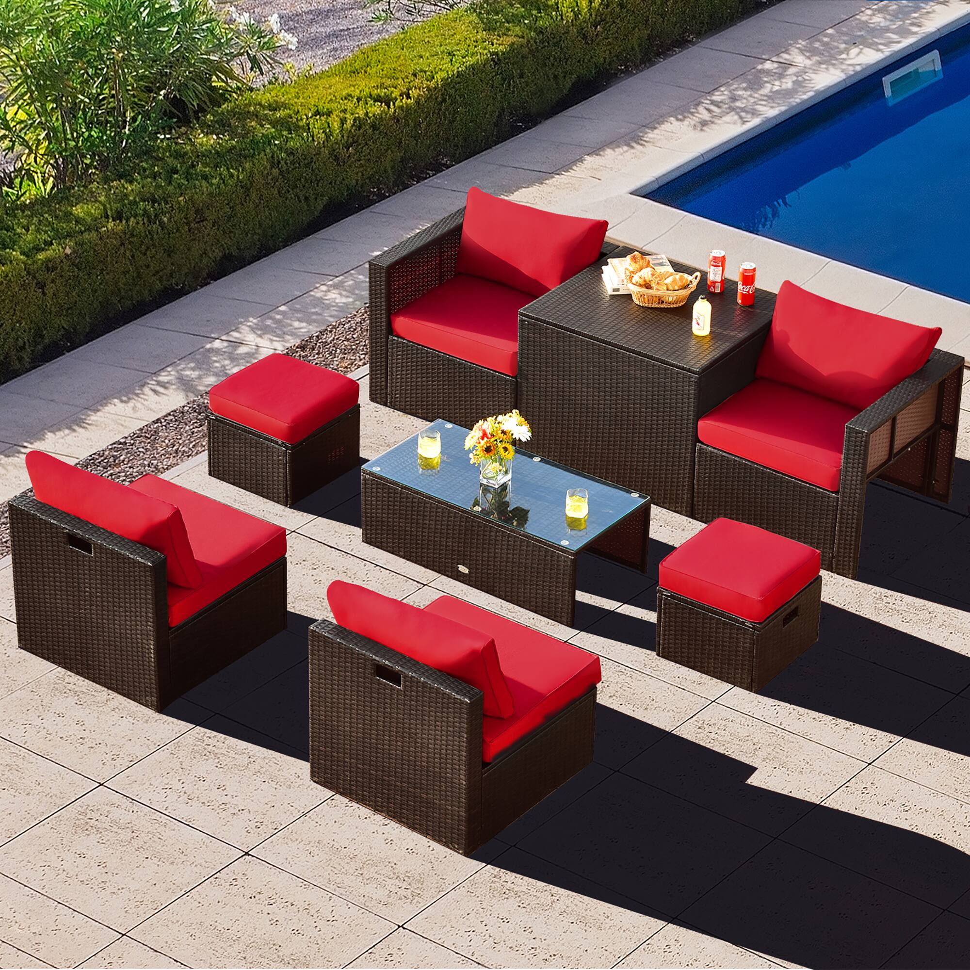 Front. Gymax - Gymax 8PCS Patio Rattan PE Wicker Conversation Set All-Weather Furniture Set w/ Cushions Red - Red.