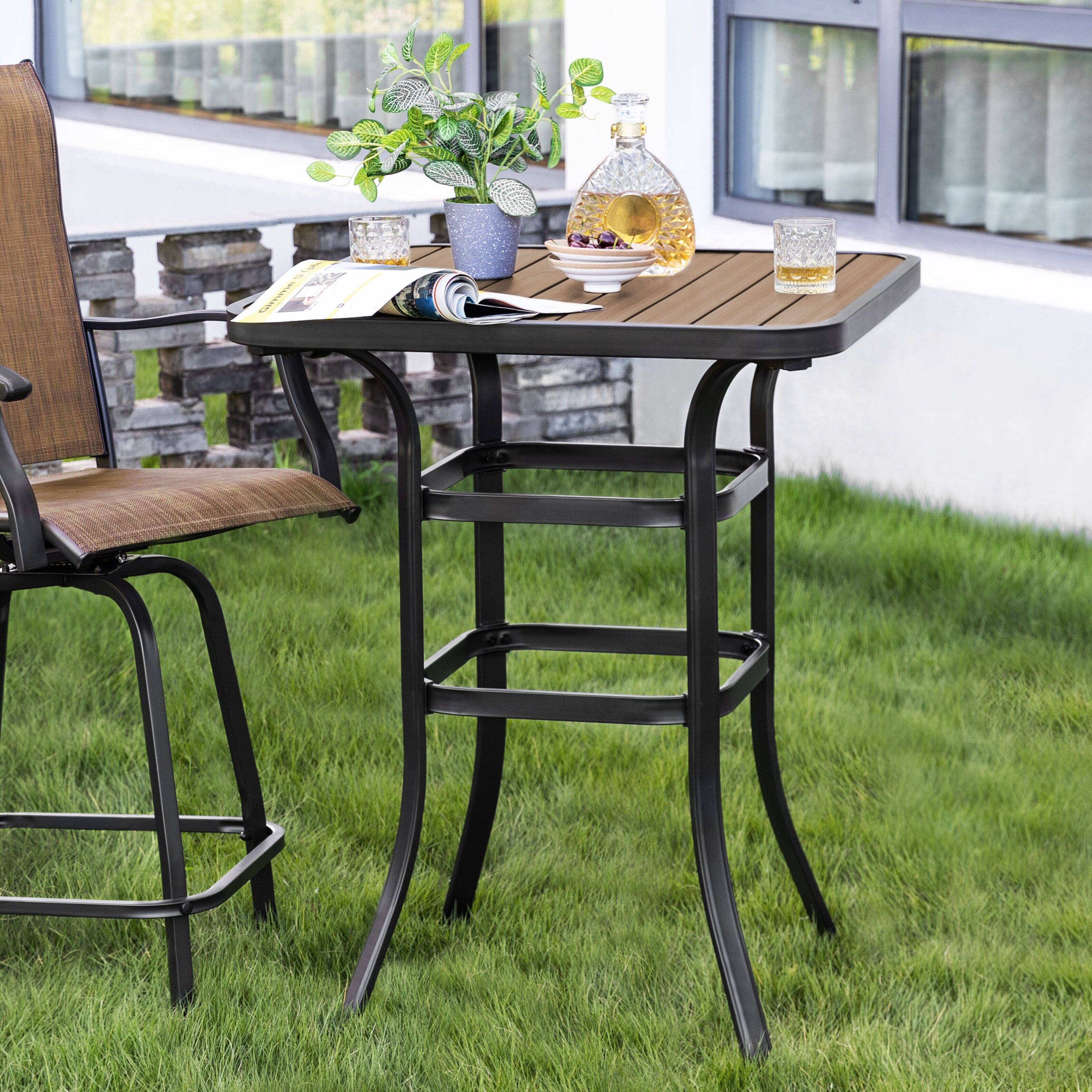 Left. Nuu Garden - Outdoor Square Height Bar Table with Faux Wood Tabletop - Brown.
