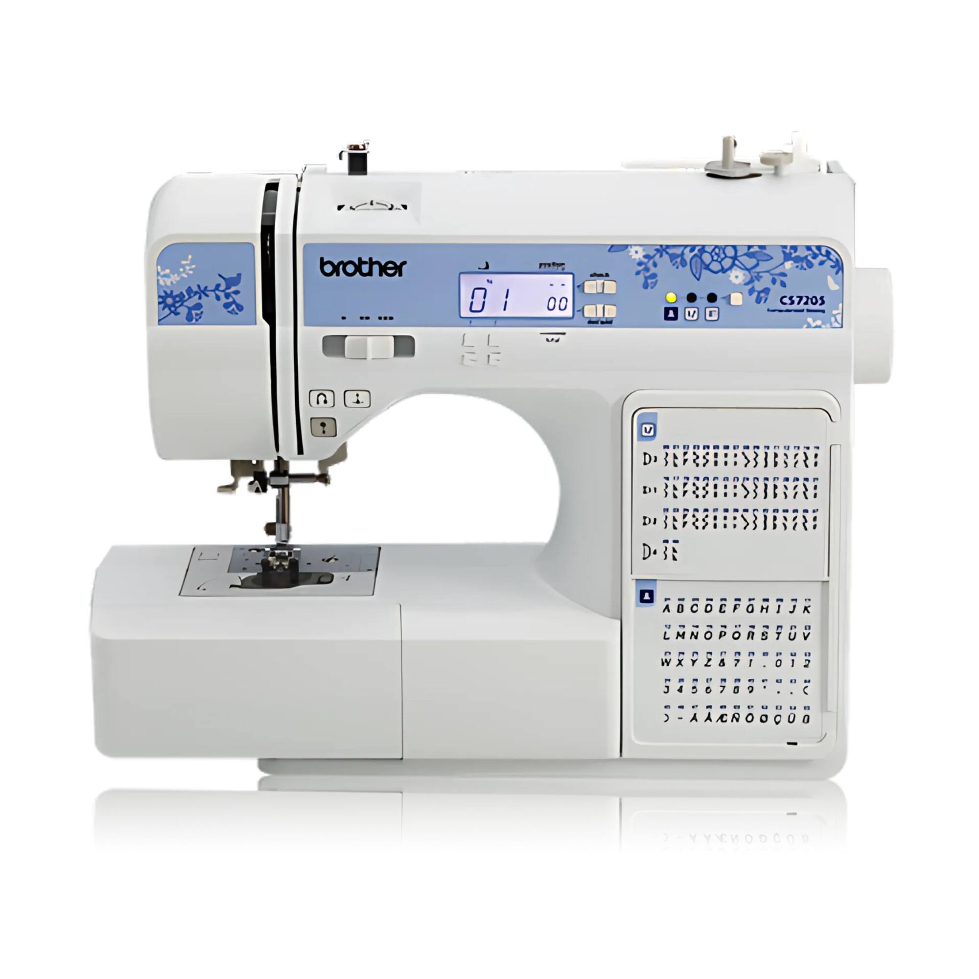 The text on the image is a Brother CS7205 sewing machine. The text on the machine includes:

- Brother
- CS7205
- A, B, C, D, E, F, G, H, I, J, K, L, M, N, O, P, Q, R, S, T, U, V, W, X, Y, Z
- 0, 1, 2, 3, 4, 5, 6, 7, 8, 9
- Symbols: +, -, *, /, ., :, ;, ,, ?, !, @, #, $, %, ^, &, *, (, ), _, ~, `, |, \, [ ], { }, " ', <, >, =, ?, /, \, |, ~, `, °, ´, ´, ´, ´, ´, ´, ´, ´, ´, ´, ´, ´, ´, ´, ´, ´, ´, ´, ´, ´, ´, ´, ´, ´, ´, ´, ´, ´, ´, ´, ´, ´, ´, ´, ´, ´, ´, ´, ´, ´, ´, ´, ´, ´, ´, ´, ´, ´, ´, ´, ´, ´, ´, ´, ´, ´, ´, ´, ´, ´, ´, ´, ´, ´, ´, ´, ´, ´, ´, ´, ´, ´, ´, ´, ´, ´, ´, ´, ´, ´, ´, ´, ´, ´, ´, ´, ´, ´, ´, ´, ´, ´, ´, ´, ´, ´, ´, ´, ´, ´, ´, ´, ´, ´, ´, ´, ´, ´, ´, ´,