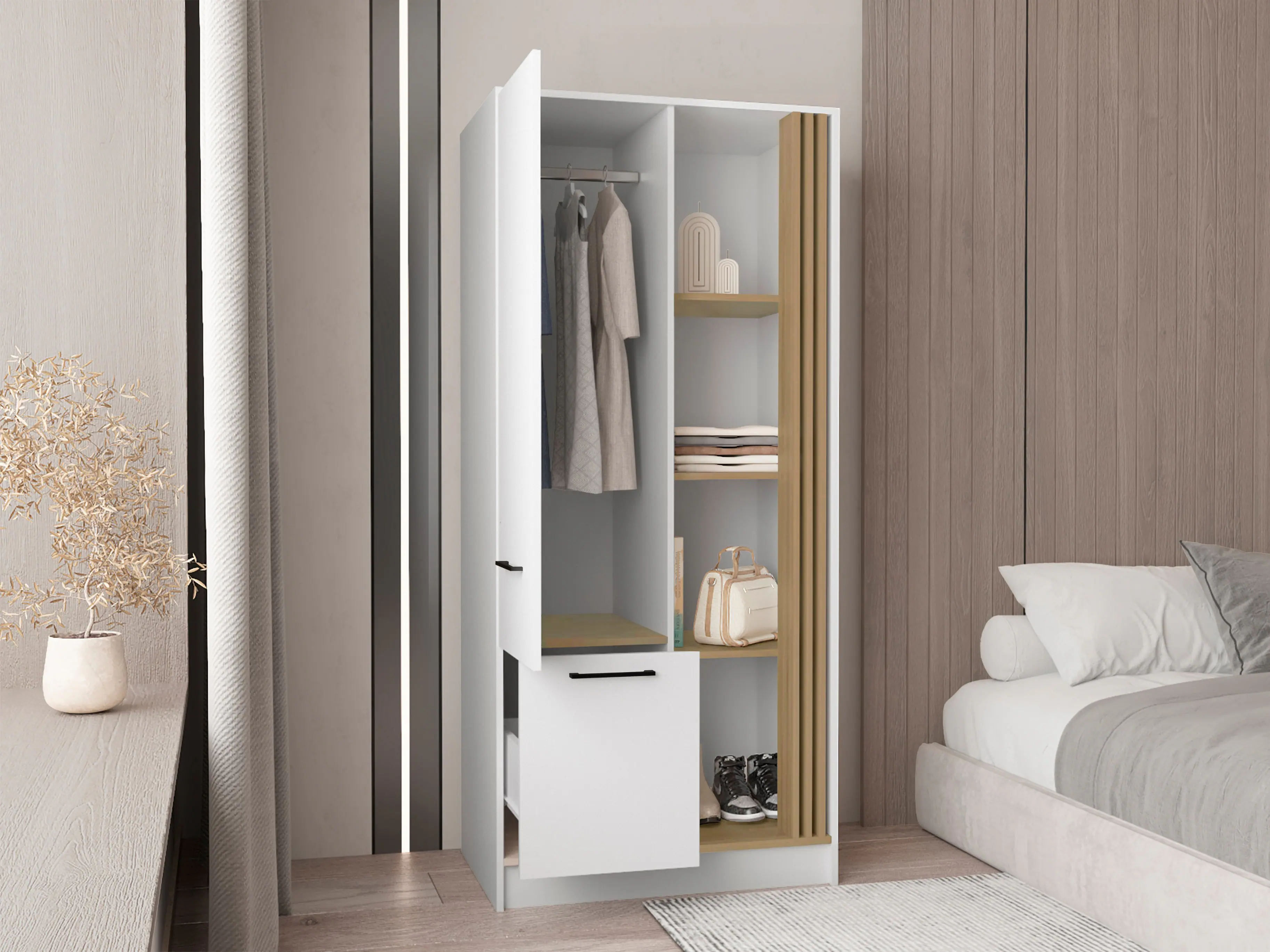 Back. TuHome - Vance Armoire With Double Doors, Interior Hanging Rod And Shelves, Freestanding Modern Wardrobe Closet - Natural Oak.