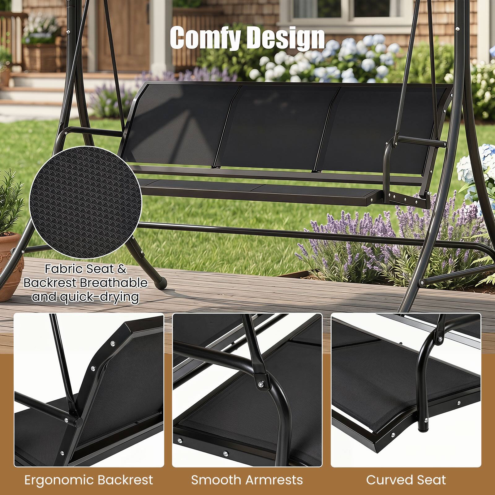 Comfy Design  
Fabric Seat & Backrest: Breathable and quick-drying  
Ergonomic Backrest  
Smooth Armrests  
Curved Seat