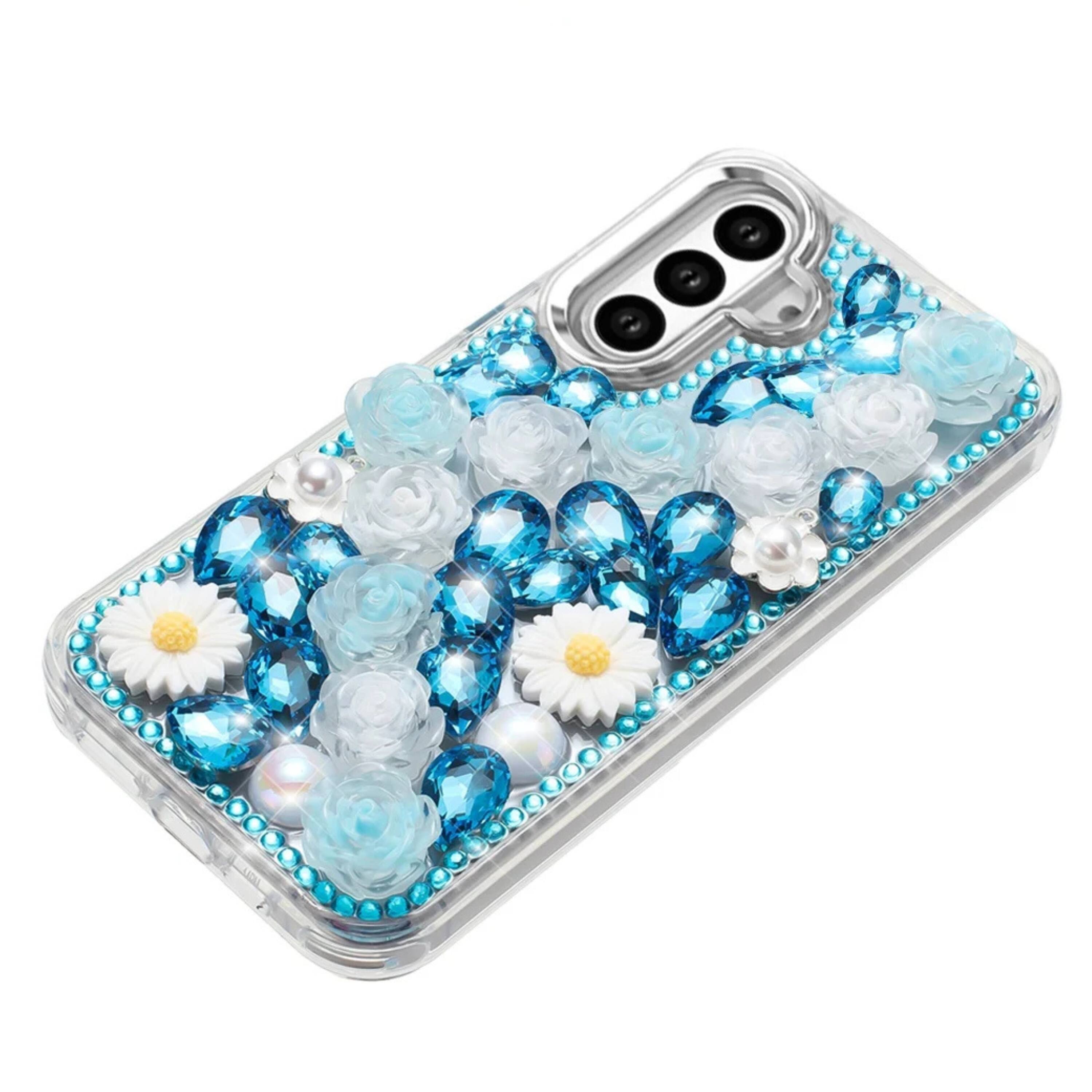 Angle. Kitcheniva - Full 3D Bling Rhinestone Jewel Case With Tempered Glass For Samsung S25 S24 Blue - Blue.