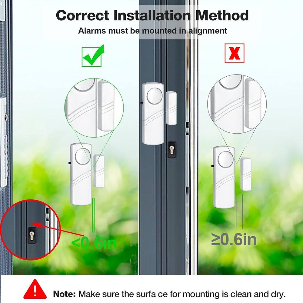 Correct Installation Method  
Alarms must be mounted in alignment  

✅  
<0.6in  

❌  
≥0.6in  

Note: Make sure the surface for mounting is clean and dry.