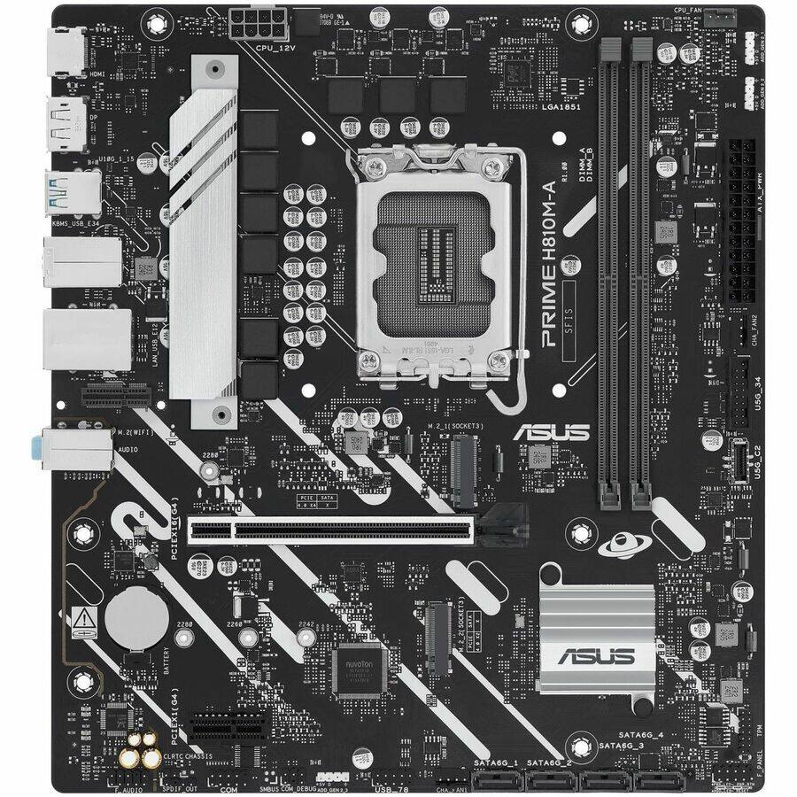 Sure, here is the corrected and grouped text from the image:

- **PRIME H810M-A**
- **ASUS**
- **CPU_1ZV**
- **VU UAU 8HS_U58_E34**
- **MI AUDIO 2288**
- **AS LGA1851**
- **81.00 POTO DIMMED**
- **H810M-A**
- **PRIME SFIS 18-V07**
- **SOCKET3 ASUS USG**
- **PIEXISO PRRRD 2290 2240**
- **ALETO BATTERY PCIEX1(G4)**
- **CLRTC**
- **nuvoton BOO8**
- **RIE 18-78**
- **ASUS SATA6G_4 SATA6G_3 SATABO_ SATABO**