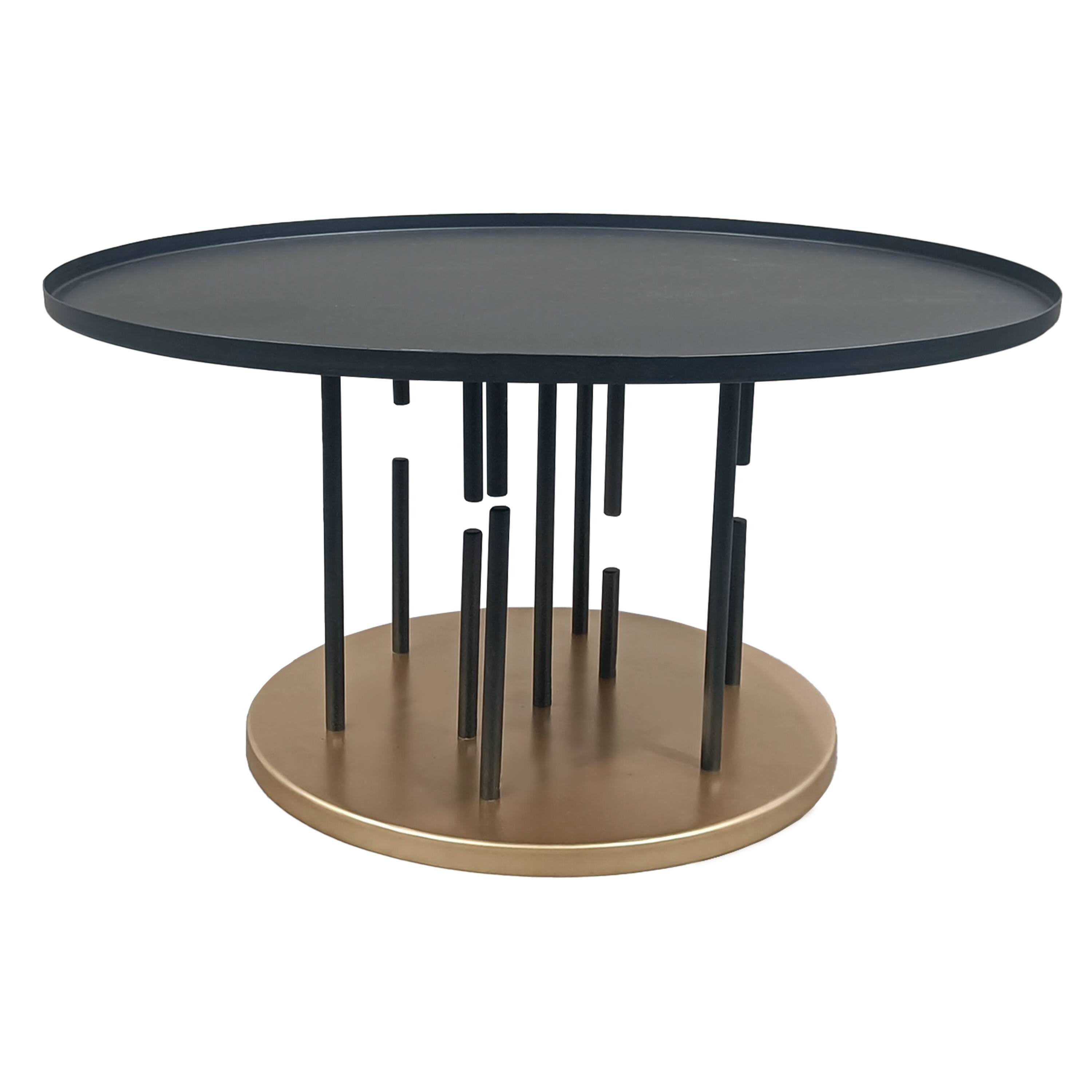 Alt View 1. Manhattan Lane - Neci 31 Inch Coffee Table, Round  Tray Top, Modern Rod Supports with Brass Base - Black, Brass.