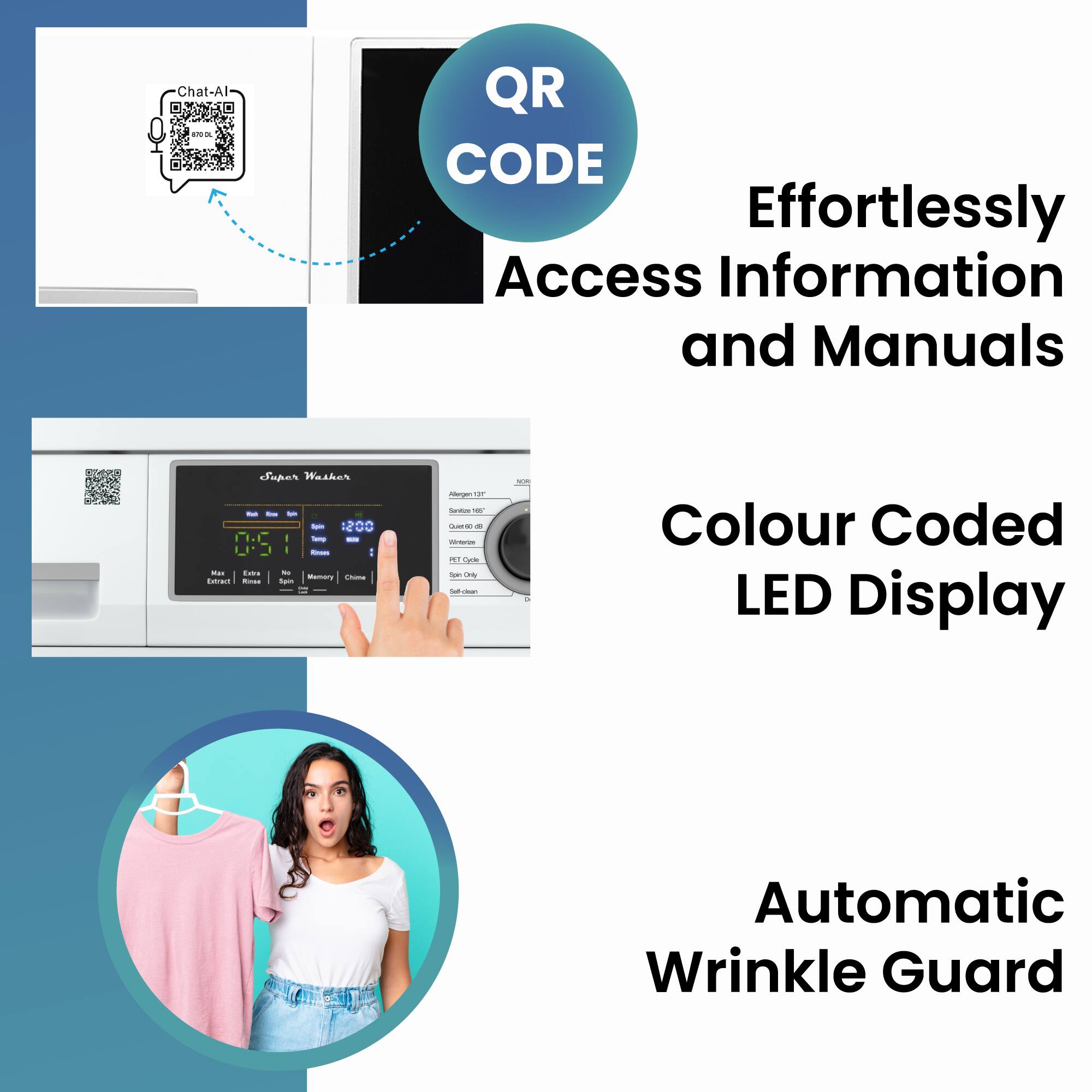 - QR CODE
  - Effortlessly Access Information and Manuals

- Colour Coded LED Display

- Automatic Wrinkle Guard