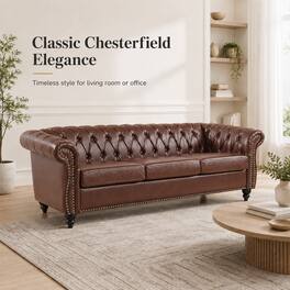 Anysun - 84" Faux Leather 3-Seat Chesterfield Sofa - Rolled Arm, Deep Seating, Button Tufted for Living Room & Office - Dark Brown