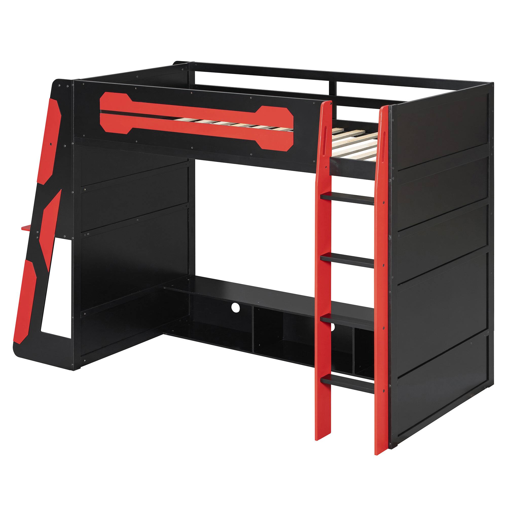 Alt View 1. Anysun - Twin Size Wood Loft Bed with Desk, Multi-storage Shelves and RGB Light - Red.
