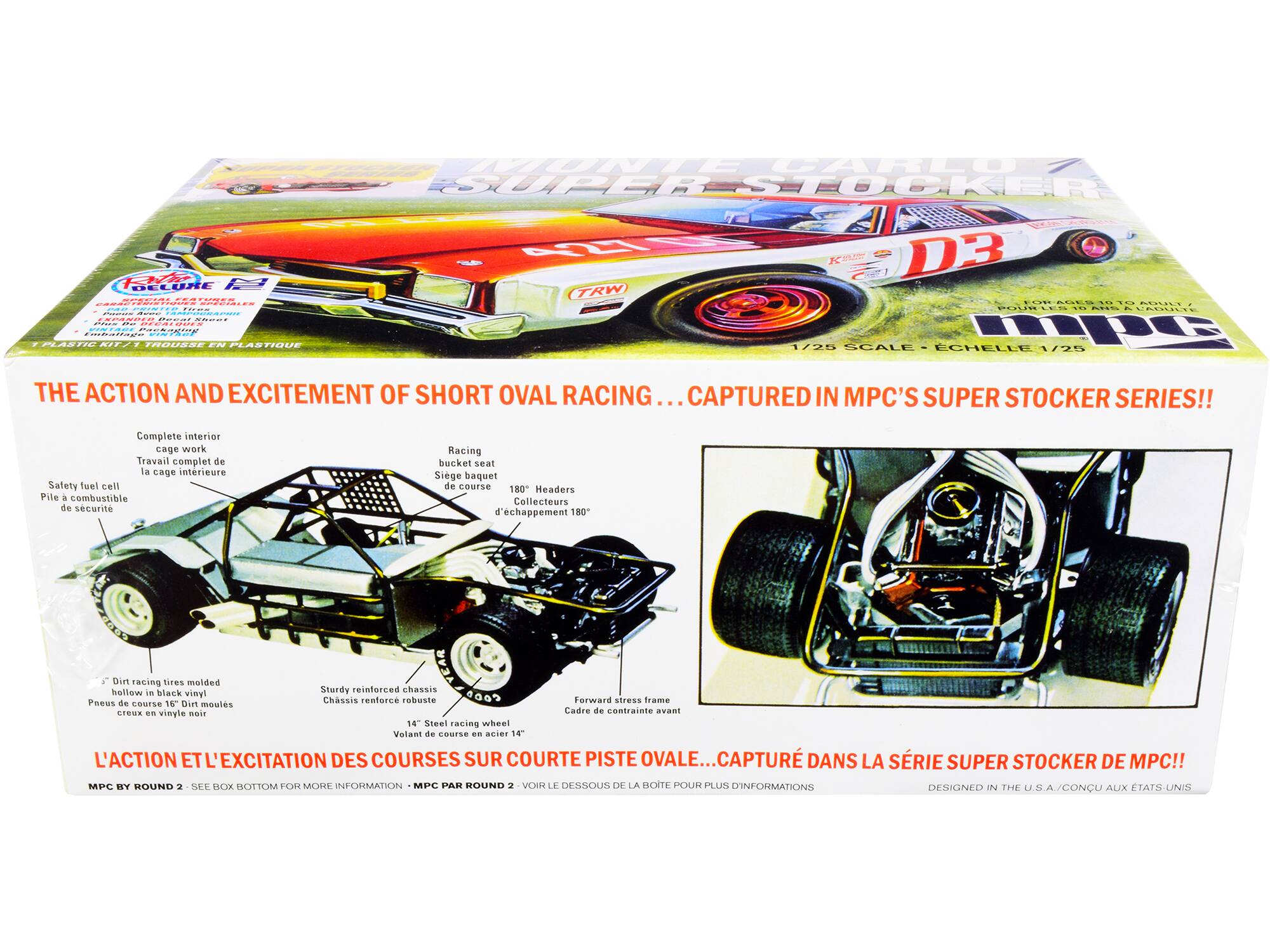 DELURE SSAe COER di..ES | | : ..... n aiddadas CACORECE tcadaago WROR nASTI 222 IROSNE EN PLASTIRUE LONT L CARLO SUPSR STOCKER A D3 TRW ..... ... ... SD.E  PUURLEE ... ada COILE 1/25 SCALE ECHELLE 1/25 THE ACTION AND EXCITEMENT OF SHORT OVAL RACING... CAPTURED IN MPC'S SUPER STOCKER SERIES!! Complete interior cage work Travail complet de la cage interieure Safety fuel cell Pile a combustible de scurit Racing bucket seat Siege baquet de course 180 Headers Collecteurs d'chappement 180 Durt racing tires molded welled v8 black Sturdy reinforced chassis vingl  Pnews de Chassis reaforce robuste Forward stress frame course 16 Dit mouls E .. vinyle ain Cadre de contrainte avan 14 Steel racing wheel Volant de courSE e acier 14 L'ACTION ET L'EXCITATION DES COURSES SUR COURTE PISTE OVALE... CAPTUR DANS LA SRIE