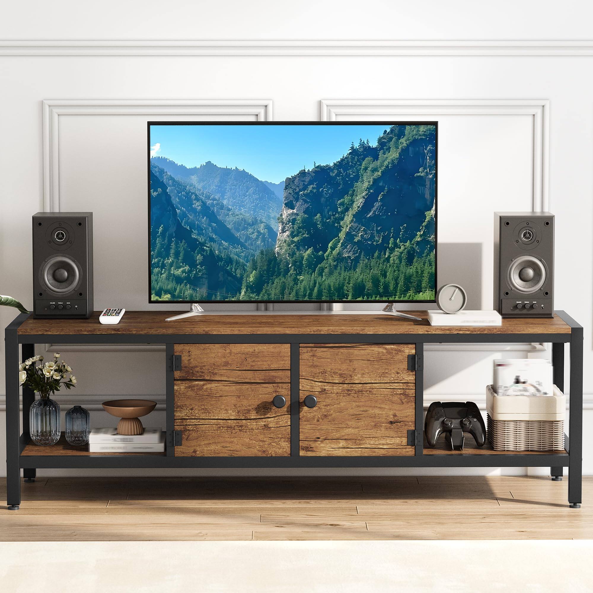 Front. Acekool - 65" TV Stand for Television 75", Entertainment Center Table with Adjustable Legs, TV Stand with Open Shelves & Doors - Brown.