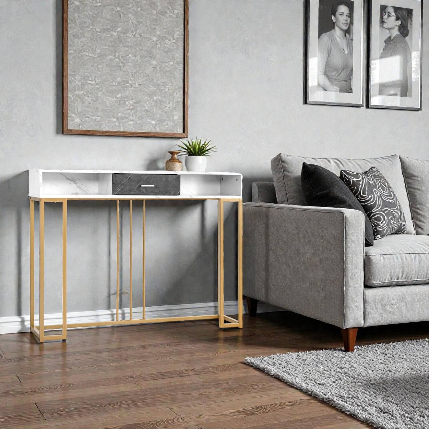 Front. Hivvago - Space-Saving 48" Entry Table with Drawer and Double Shelving - White, Gold, Black.