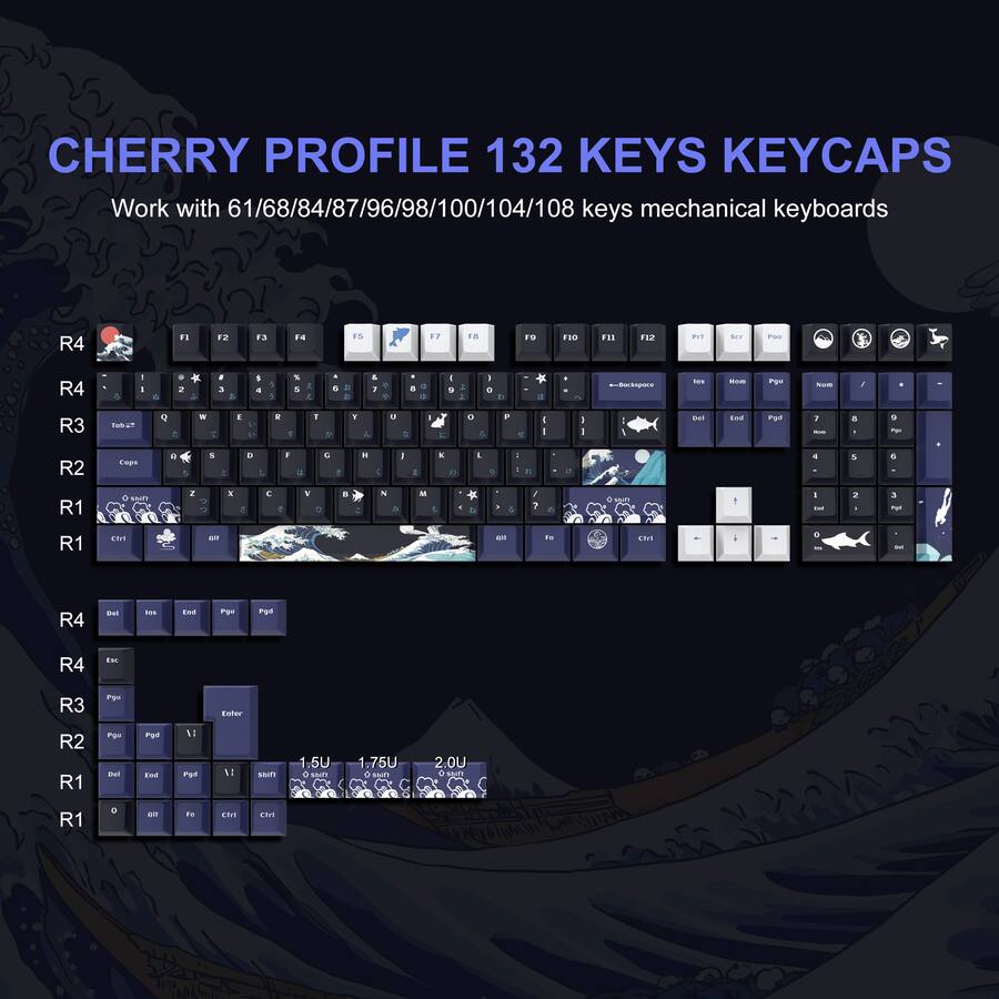 Keyboard R1 R2 R3 R4 Cherry Profile Womier Cherry Profile Dye sub PBT Keycap Set (132 Keys) Kanagawa DOXL ...