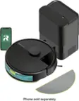 The image features a robot vacuum cleaner, which is a Roomba, sitting next to a black box. The box is labeled "R" and "Robot Phone sold separately." The robot vacuum is placed on top of the box, and there is a remote control nearby. The scene suggests that the robot vacuum and the phone are separate items that can be purchased together or separately.