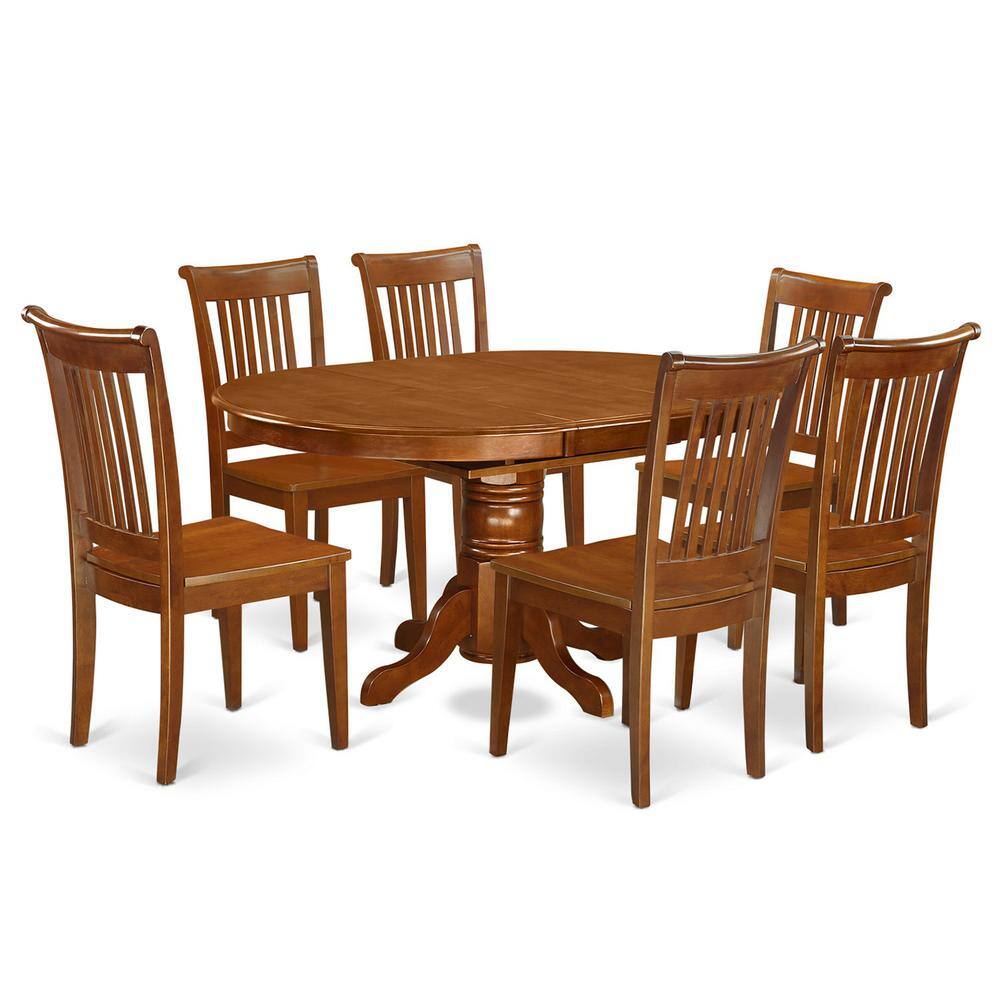 Front. East West Furniture - 7 Pc set Avon Dinette Table with Leaf and 6 Wood Kitchen Chairs in Saddle Brown - Saddle Brown.