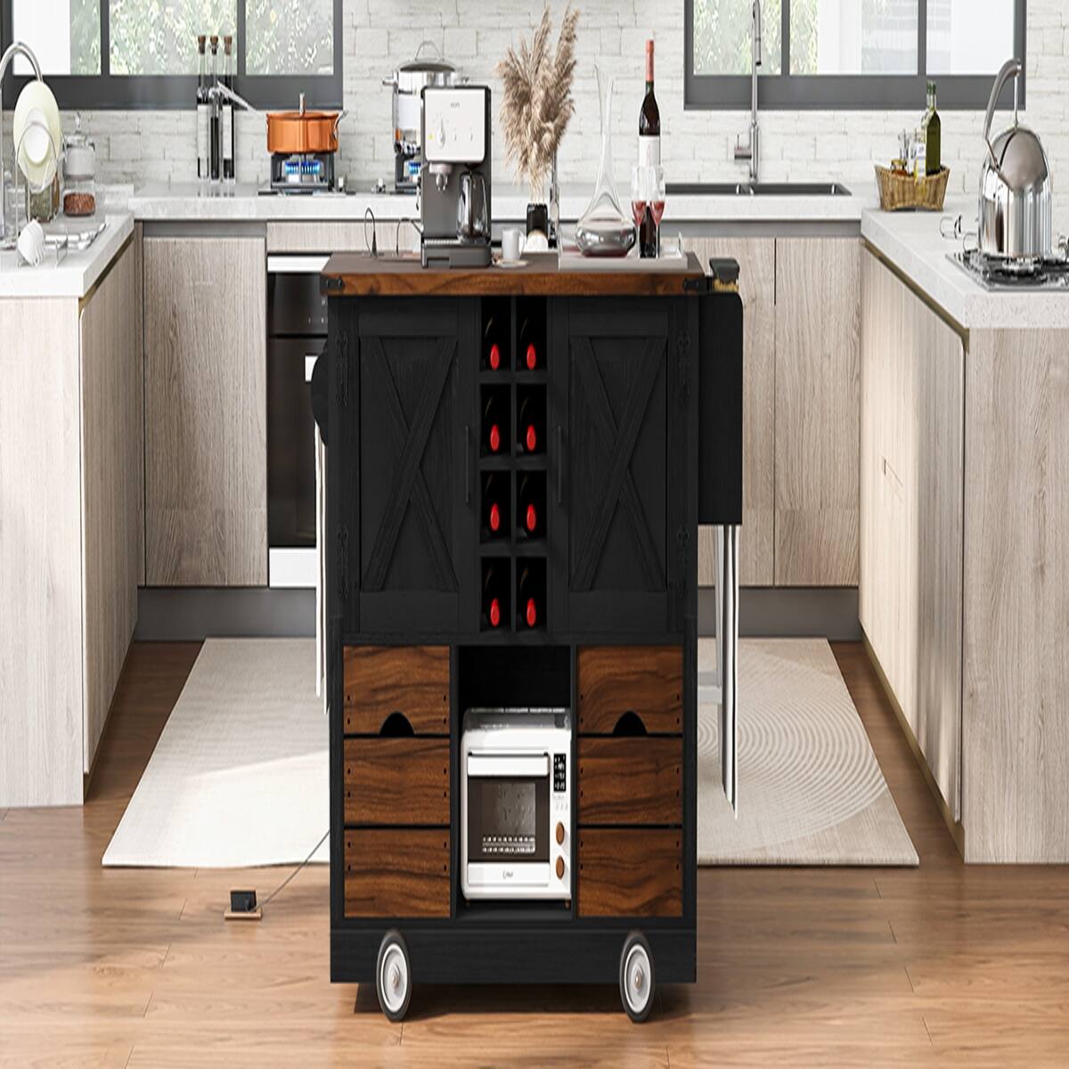 Back. Loheer - Loheer 54" Farmhouse Kitchen Island with Drop Leaf, Black Rolling Kitchen Cart with Power Outlet and Wine Rack - Black.