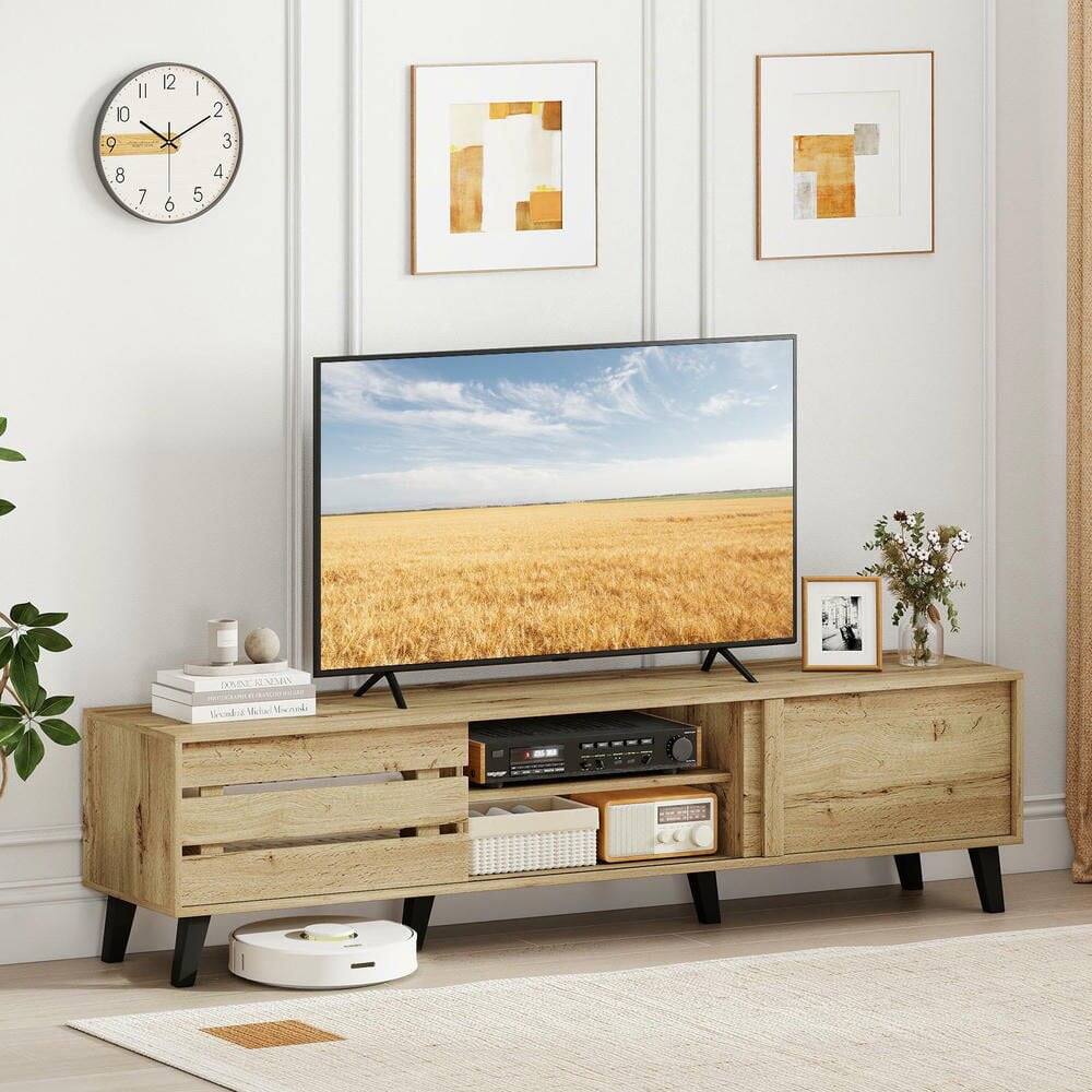 Left. Kadyn - Mid-Century Media Console for 80-Inch TVs with Sliding Door Cabinets, Oak - Brown.