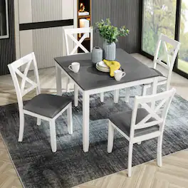 Loheer - 5 Piece Dining Table Set for 4, Square Wood Table with Upholstered X Back Chairs - Gray and White