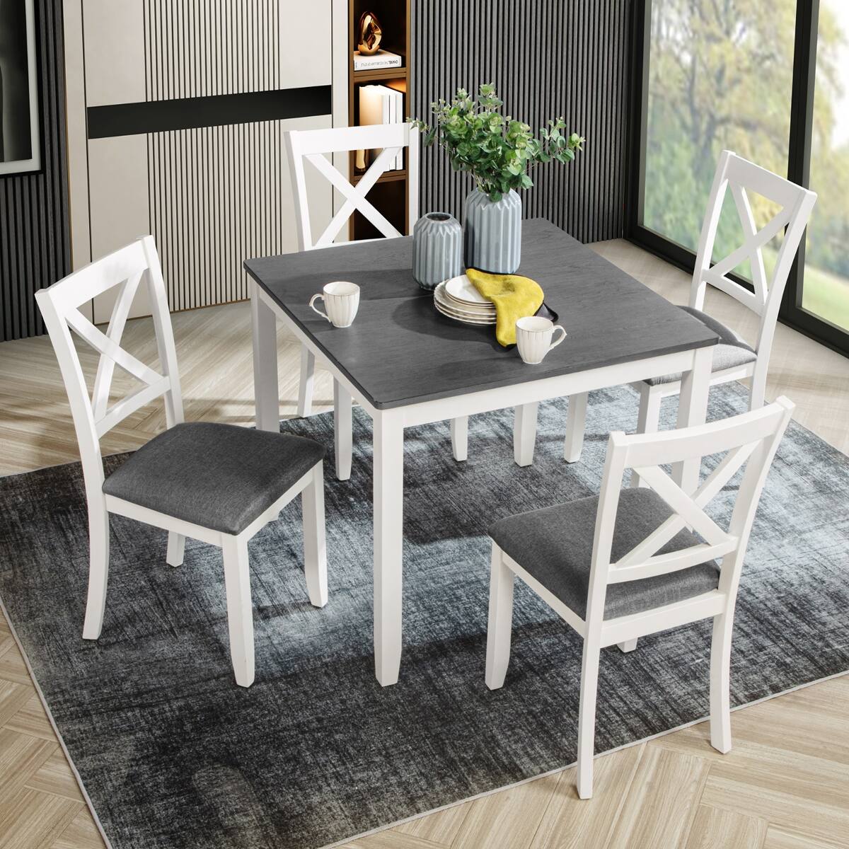 Loheer - 5 Piece Dining Table Set for 4, Square Wood Table with Upholstered X Back Chairs - Gray and White