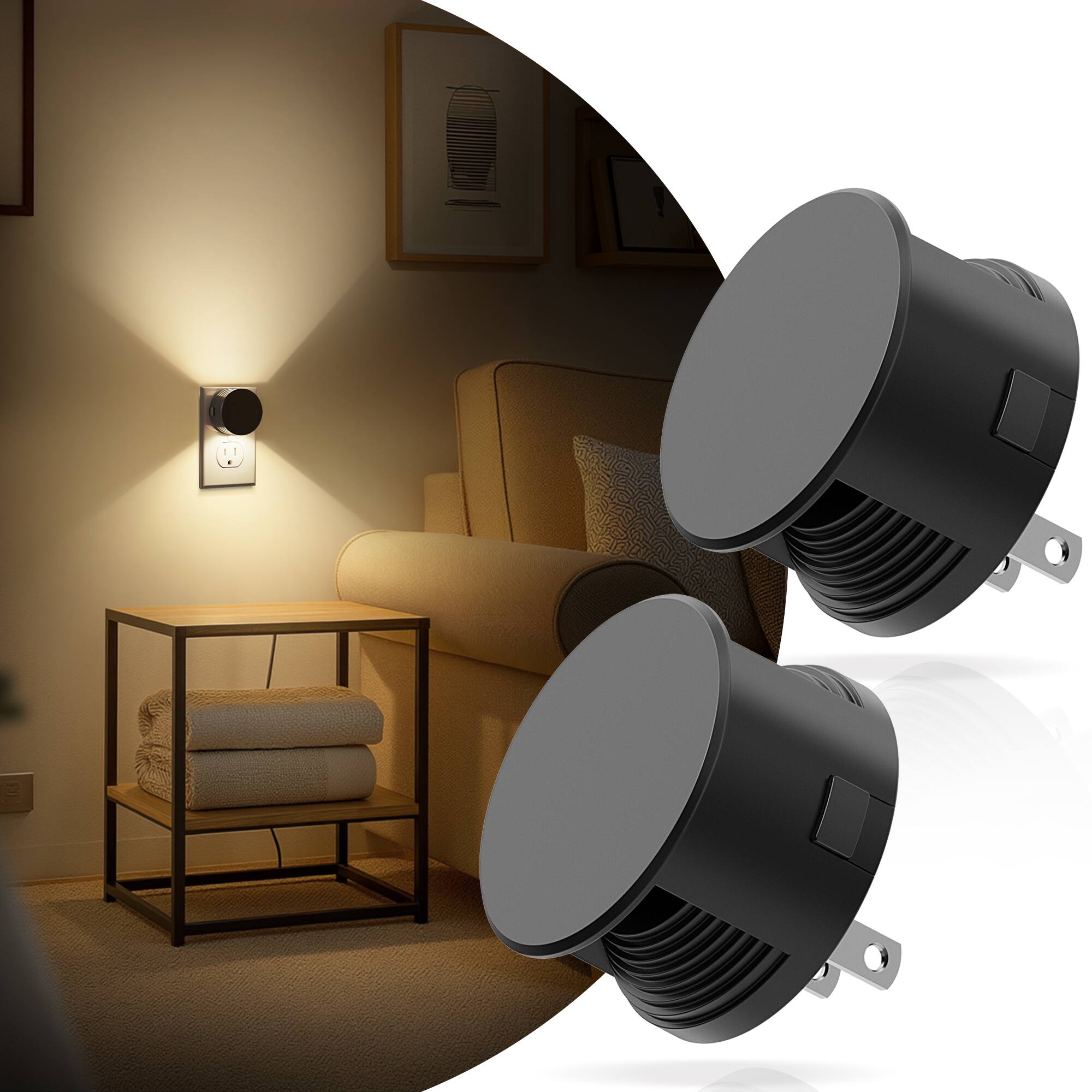 Angle. Jandcase - JANDCASE 2-Pack 1W  Plug-in Night Light, 3000K Warm Glow, Up/Down Light, 3-Step Dimming, Color Memory, Dusk-to-Dawn - Black.