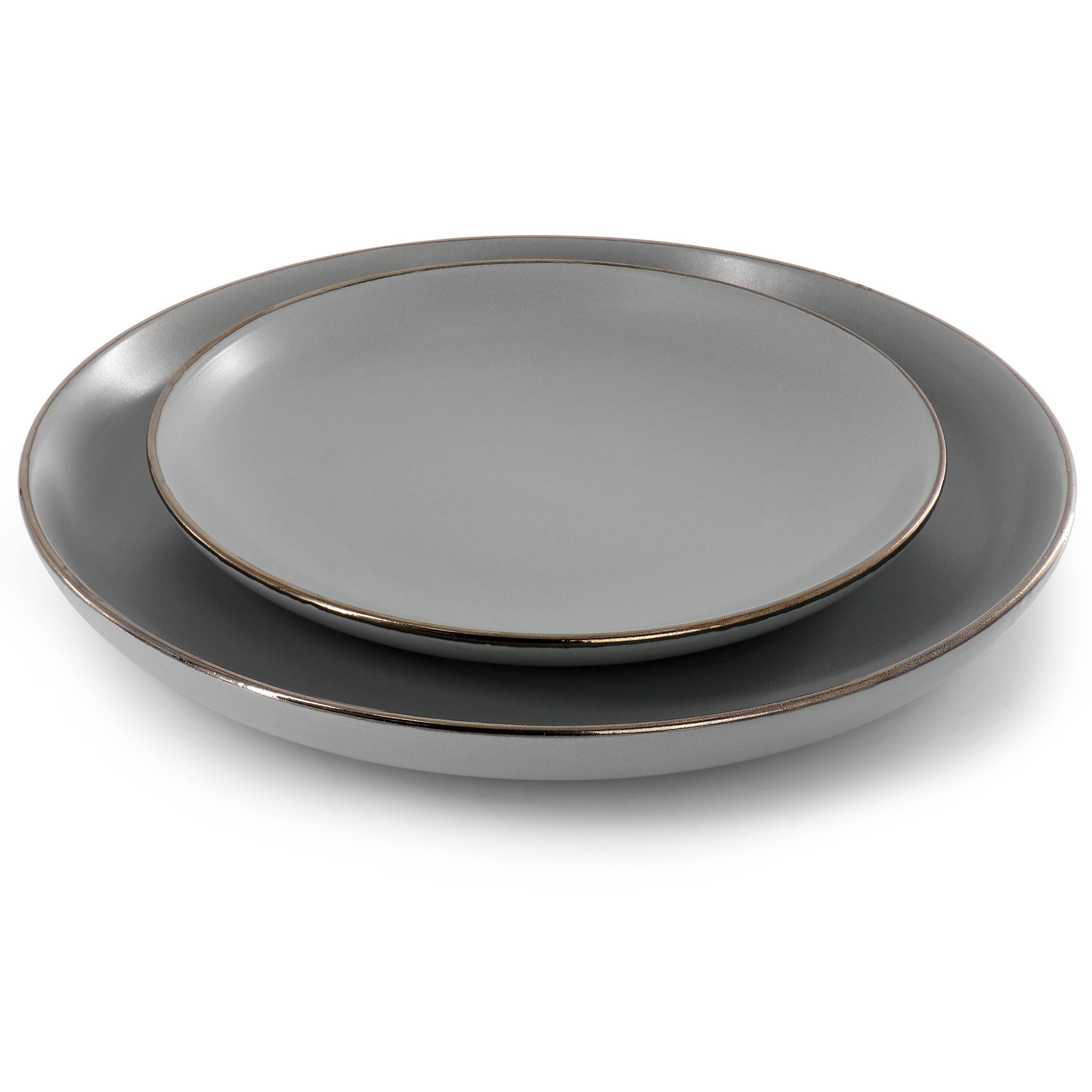 Alt View 2. Gibson - Gibson Home Rockaway 16 Piece Stoneware Gold Rimmed Dinnerware Set in Grey - Gray.