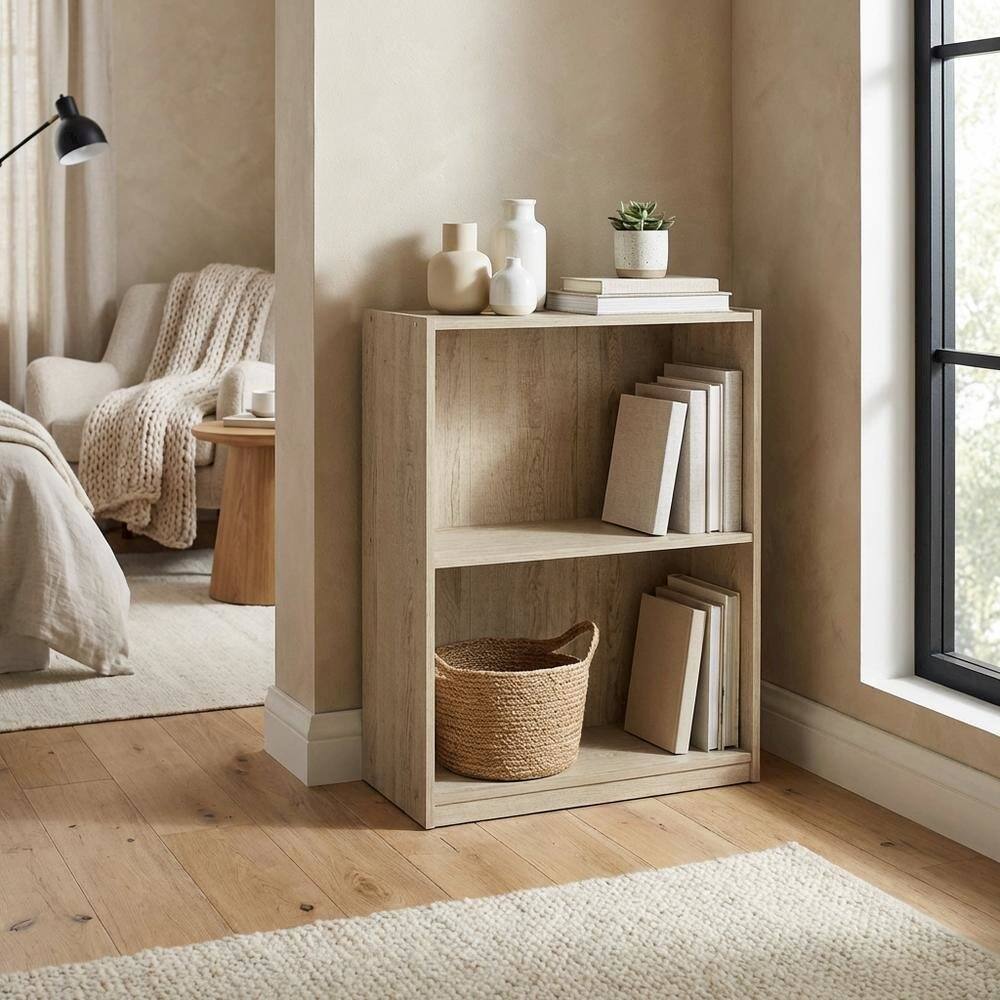 Left. FurniFact - Wooden 2-Tier Open Shelf Bookcase with Sturdy Construction in Brown Finish - Metropolitan Pine.