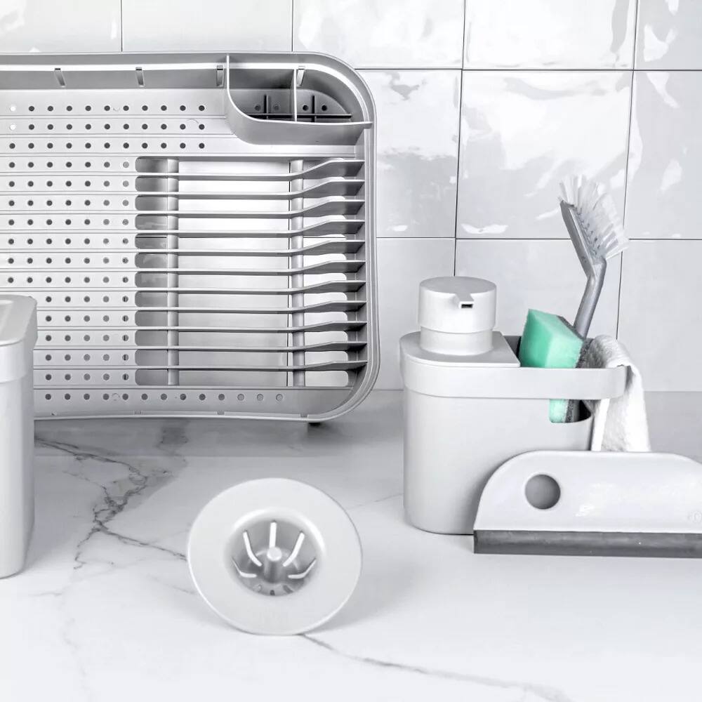 Angle. OU - OU Dish Drying Rack for Kitchen Counter, Freestanding Plastic Dish Strainer with Utensil Holder - White - White.