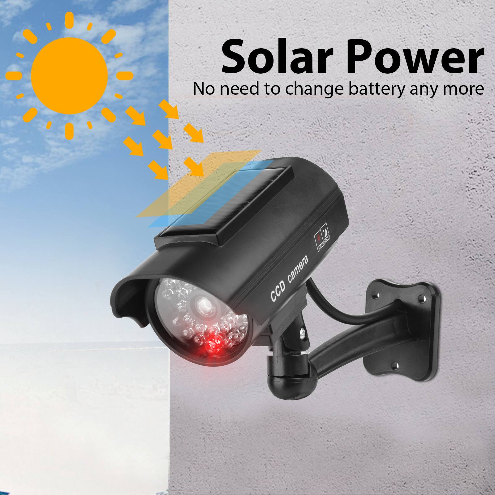 Solar Power  
No need to change battery any more  
12 Cone camera CCD