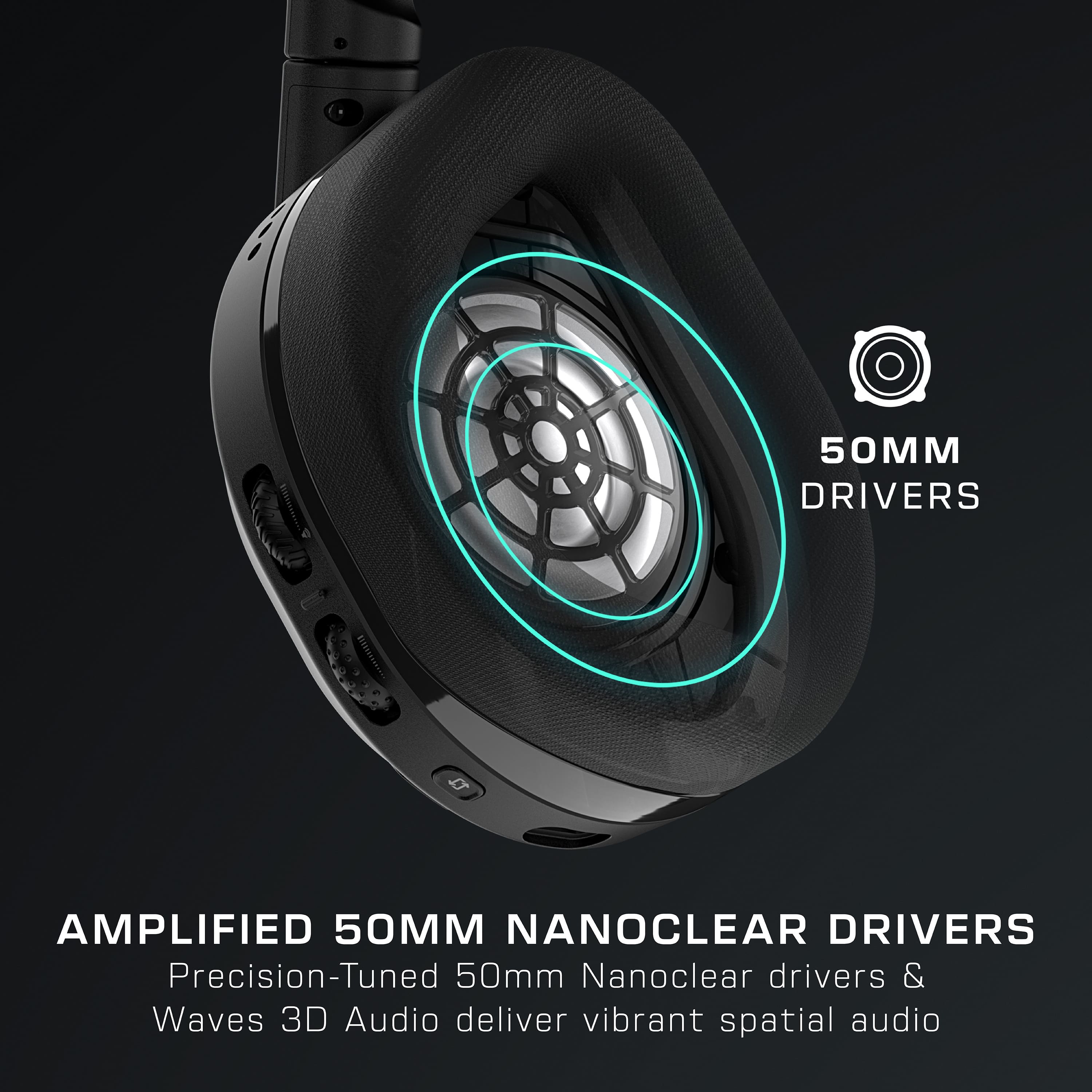 The text on the image reads: "Amplified 50MM NANOCLEAR DRIVERS Precision-Tuned 50mm Nanoclear drivers & Waves 3D Audio deliver vibrant spatial audio."