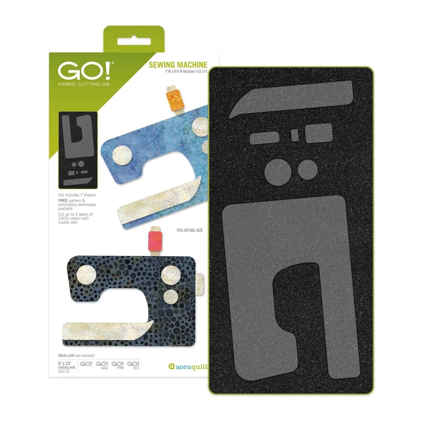 GO! FABRIC CUTTING DIE SEWING MACHINE

a ENH Snished so6.35 De includes 7 shapes FREE pattern & embroidery downloads available Cut up to 4 layers of fusible web with 75% ACTUAL SIZE Works with (not included) 6x12 GO! GO! GO! GO! cutting mat  me d5 Sdd 12 accuquilt