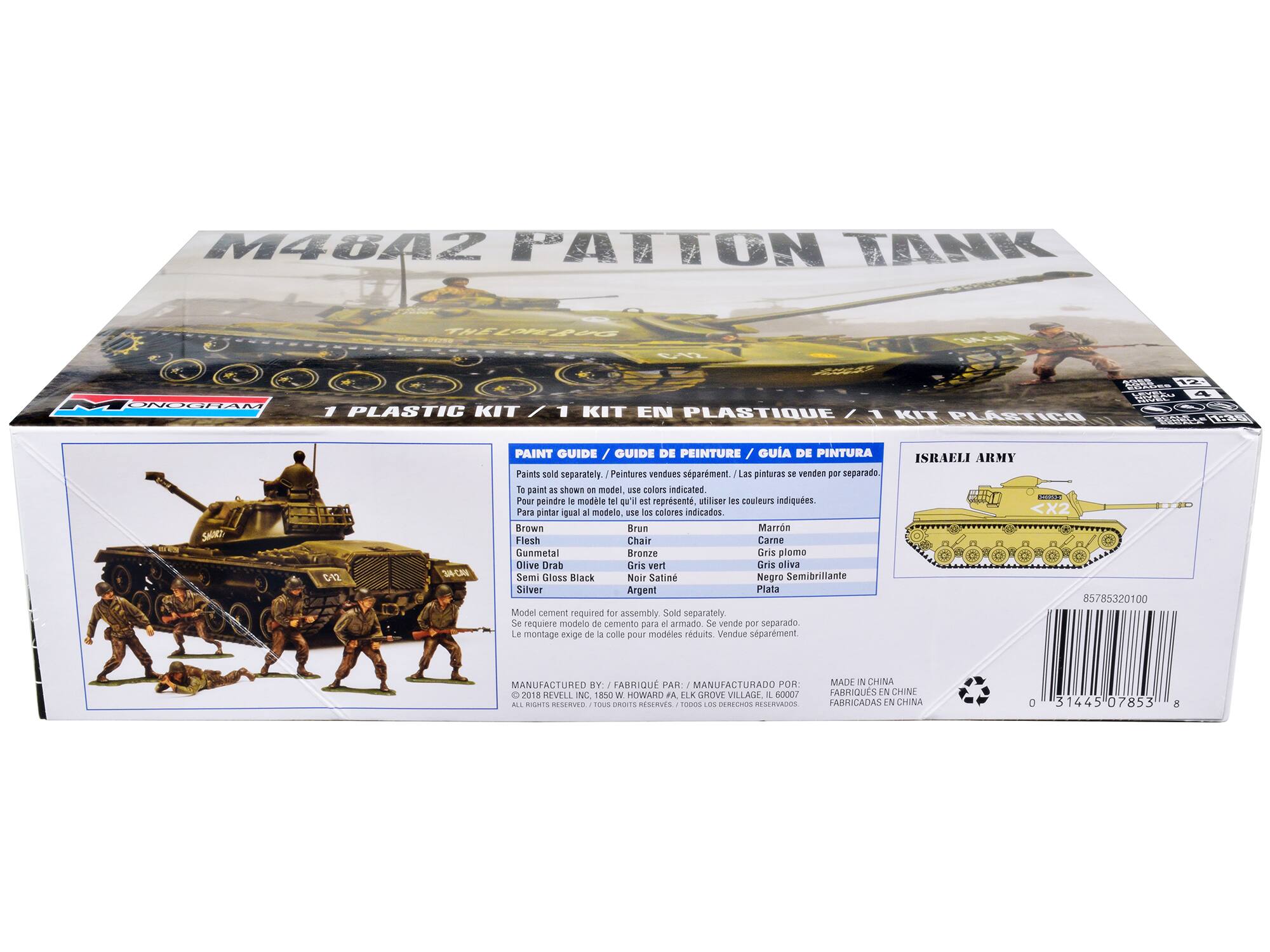 M46A2 PATTON TANK

1 PLASTIC KIT / 1 KIT EN PLASTIQUE / 1 KIT PLÁSTICO

PAINT GUIDE / GUIDE DE PEINTURE / GUÍA DE PINTURA

To paint as shown on model, use colors indicated. Pour peindre le modèle tel qu'il est représenté, utiliser les couleurs indiquées. Para pintar igual al modelo, use los colores indicados.

- Brown / Brun / Marrón
- Flesh / Chair / Carne
- Gunmetal / Bronze / Gris plomo
- Olive Drab / Gris vert / Gris oliva
- Semi Gloss Black / Noir Satiné / Negro Semibrillante
- Silver / Argent / Plata

Model cement required for assembly. Sold separately. Le montage exige de la colle pour modèles réduits. Vendue séparément. Se requiere modelo de cemento para el armado. Se vende por separado.

ISRAELI ARMY

MANUFACTURED BY / FABRIQUÉ PAR / MANUFACTURADO POR: 2018 REVELL INC. 1850 W HOWARD A