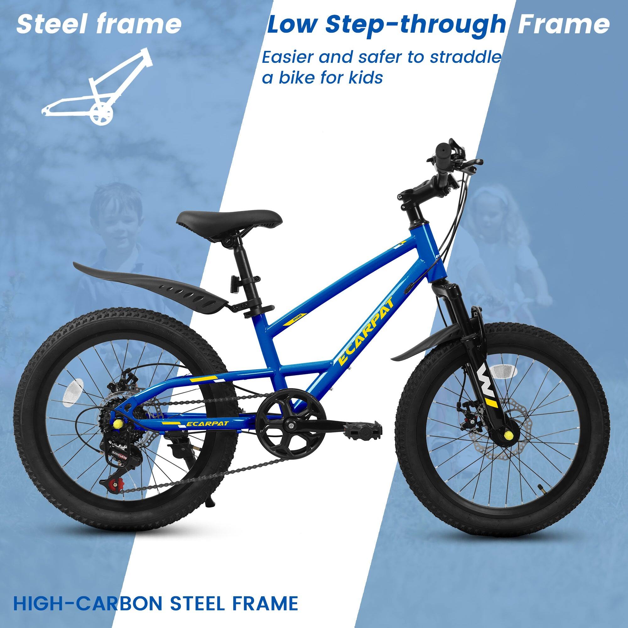Steel frame  
Low Step-through Frame  
Easier and safer to straddle a bike for kids  

HIGH-CARBON STEEL FRAME
