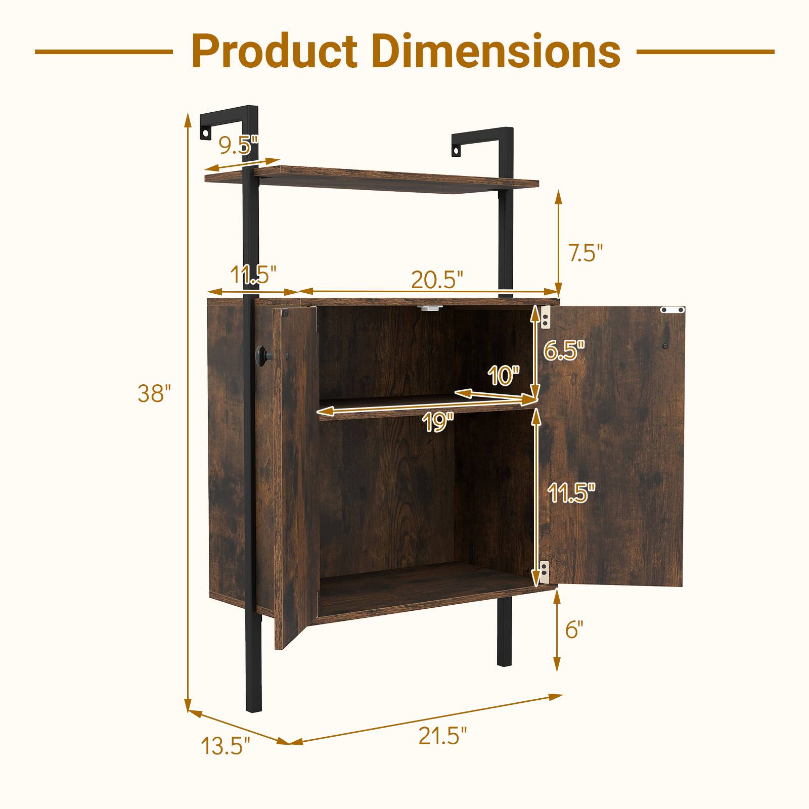 Product Dimensions

- Height: 38"
- Width: 21.5"
- Depth: 13.5"
- Top Shelf Height: 9.5"
- Top Shelf Depth: 20.5"
- Top Shelf Width: 11.5"
- Cabinet Height: 11.5"
- Cabinet Depth: 19"
- Cabinet Width: 10"
- Drawer Height: 6.5"
- Drawer Depth: 7.5"
- Drawer Width: 6"