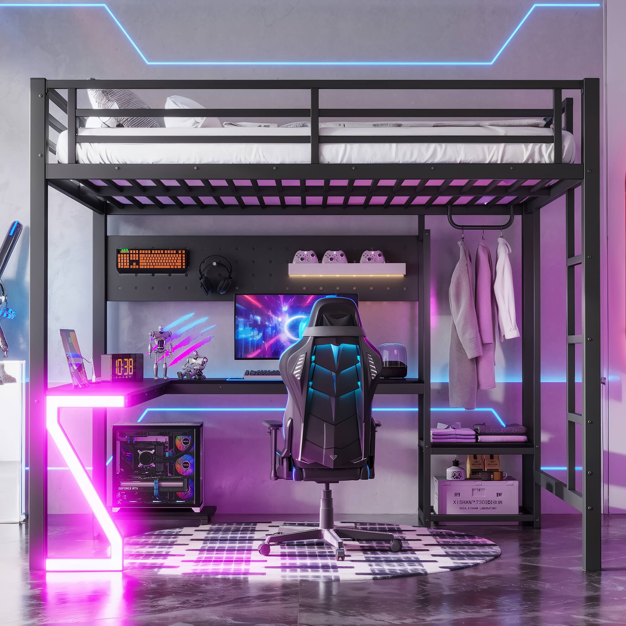 Angle. Anysun - Queen Loft Bed w/ L-Shaped Desk, USB Ports, Metal Frame, Computer Tray, Peg Board, Z-Shaped LED Lights - Black.