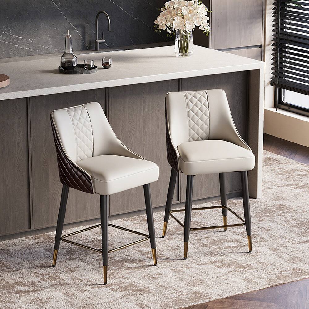 Angle. POVISON - 24" Modern Counter Height Bar Stools Set of 2, Faux Leather Bar Stools for Kitchen Island & Bar Table, Brown & Gray - Brown & Light Gray & PU Leather.