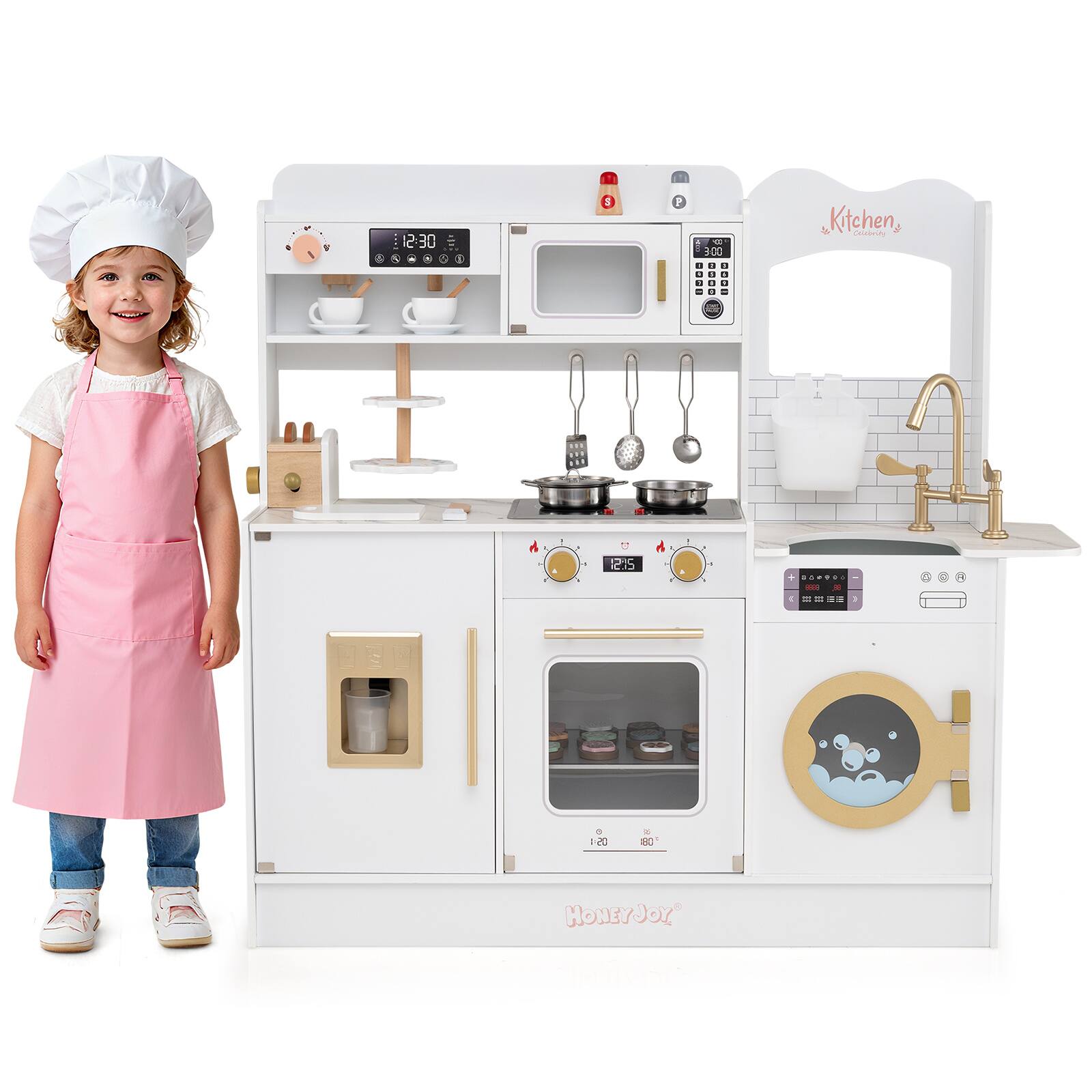 Gymax - Play Kitchen for Kids w/ Stoves Light Sound Faucet Microwave Oven Coffee Machine - White
